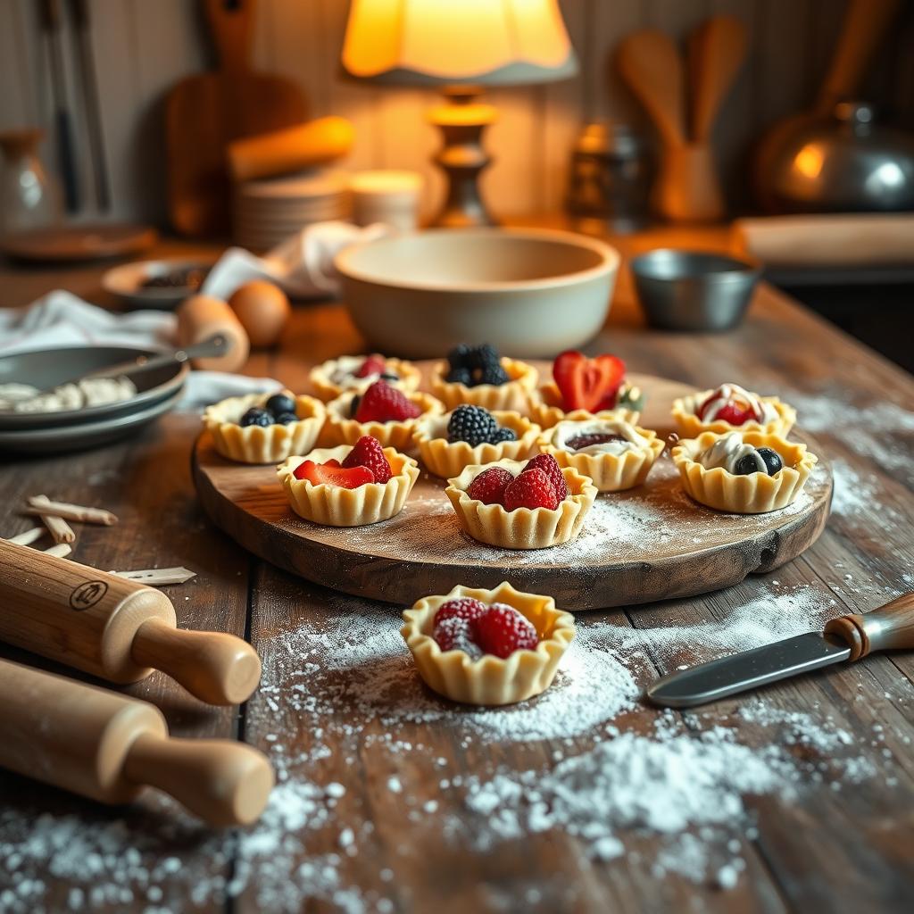 A cozy homemade cooking scene featuring a rustic kitchen table, adorned with freshly baked mini sweet tartlets showcasing a golden, flaky pâte sablée. The foreground includes a wooden rolling pin, a dusting of flour, and a delicate pastry cutter. In the middle, the tartlets are elegantly arranged on a rustic wooden platter, some filled with vibrant fruit, while others are drizzled with glaze. The background features warm, soft lighting, emanating from a vintage table lamp, highlighting the textures of the tartlets and the inviting kitchen environment. The atmosphere is warm and inviting, evoking the joy of baking delightful treats, with rustic kitchen utensils and ingredients subtly scattered around to enhance the homely feel.