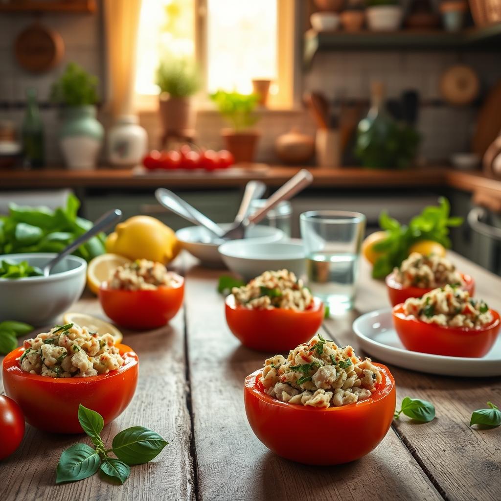 A cozy homemade cooking scene focused on "Tomates farcies au thon". In the foreground, vibrant, stuffed tomatoes filled with a mixture of tuna, herbs, and spices, beautifully arranged on a rustic wooden table. Visible fresh ingredients like basil, lemon slices, and whole tomatoes enhance the composition. The middle ground shows a set of ceramic serving bowls and utensils, alongside a small glass of sparkling water with lemon. The background features warm, soft lighting filtering through a window, illuminating a cozy kitchen atmosphere with vintage kitchenware and potted herbs. An inviting and fresh mood, showcasing the simplicity and appeal of this summer dish, perfect for an easy meal.