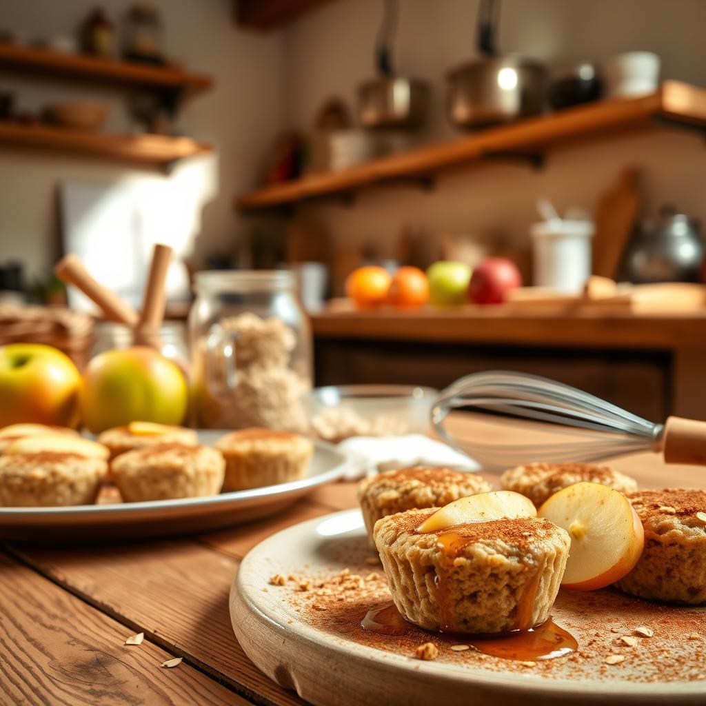 A cozy homemade cooking scene in a rustic kitchen, featuring a plate of healthy mini oat cakes with apple slices arranged beautifully on a wooden table. In the foreground, delicate and moist mini cakes are garnished with a sprinkling of cinnamon and a drizzle of honey, giving them an inviting sheen. In the middle, there are ingredients like rolled oats, apples, and a whisk, hinting at the baking process. The background reveals a softly lit kitchen with warm wooden shelves and a few hanging pots, creating a welcoming atmosphere. The lighting is warm and natural, reminiscent of a sunny morning, enhancing the appeal of a simple yet nutritious breakfast. Capture the scene from a slightly elevated angle, focusing on the delightful cakes and the inviting kitchen environment.