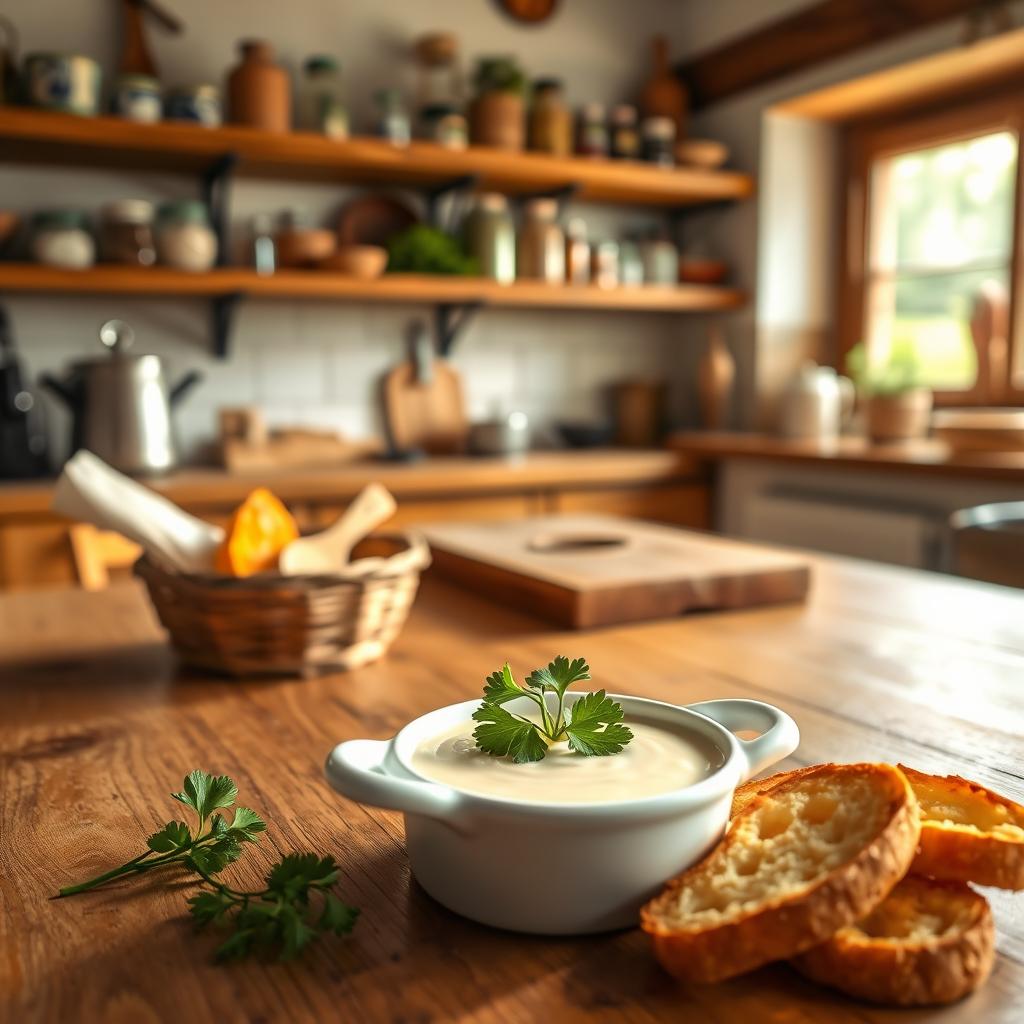 A cozy, rustic kitchen scene featuring a beautifully presented dish of Crème au thon apéritive on a wooden table. The creamy mixture is elegantly arranged in a small, white serving bowl, garnished with fresh parsley and served with crispy, golden toasts nearby. Soft, warm lighting casts a gentle glow on the ingredients, enhancing the inviting atmosphere. In the background, shelves filled with cooking utensils and jars of spices add to the homely feel, while a window lets in natural light, suggesting a sunny day outside. The overall mood is friendly and welcoming, perfect for a casual gathering. Capture the essence of a quick and convivial recipe, emphasizing the visual appeal of the dish.