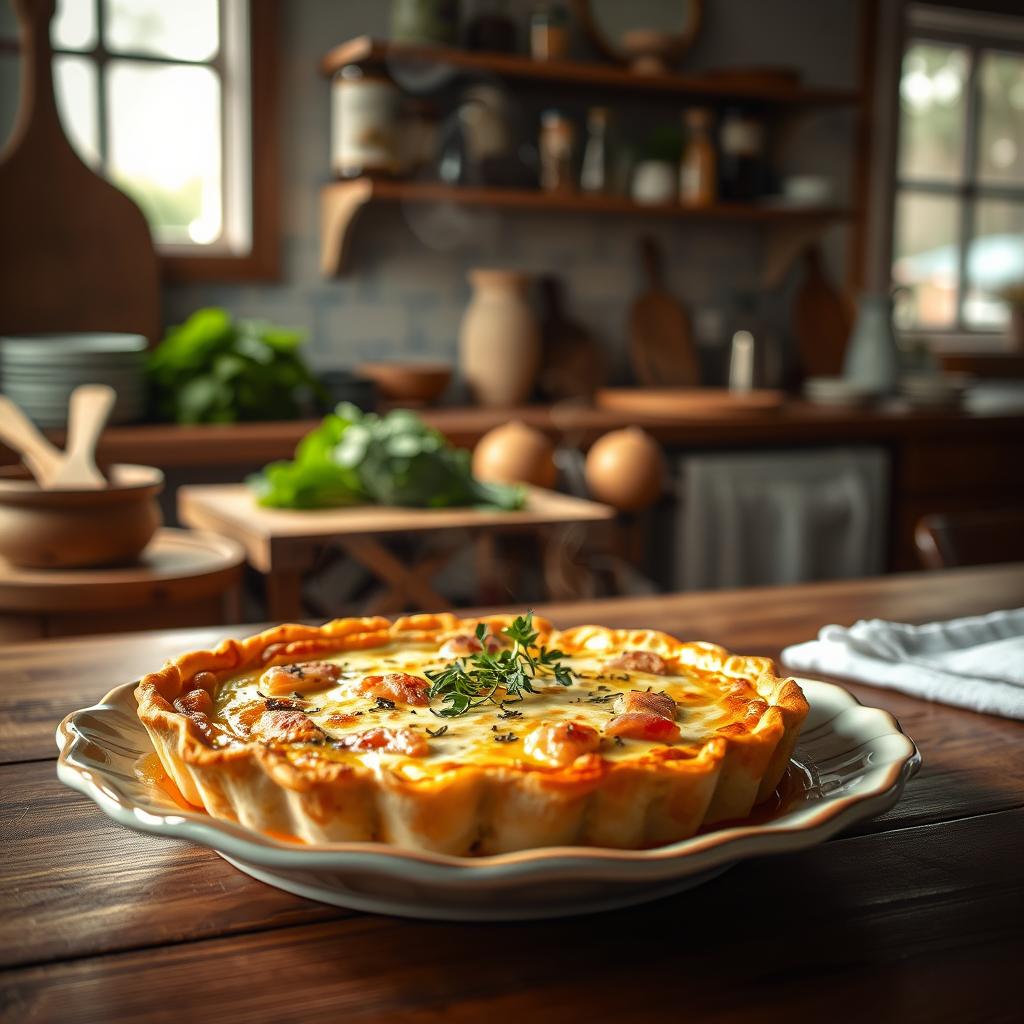 A cozy, rustic kitchen scene featuring a freshly baked quiche with salmon and Boursin cheese, perfectly golden and garnished with fresh herbs on a wooden table. In the foreground, the quiche sits on a elegant ceramic plate, steam rising softly, evoking warmth and homeliness. The middle layer shows a peaceful kitchen atmosphere with wooden utensils, fresh ingredients like spinach and herbs, and a gently lit backdrop of vintage kitchen shelves filled with jars and spices. Soft, natural lighting filters through a window, casting a warm glow and soothing shadows. The mood is inviting and appetizing, capturing the essence of homemade comfort food that delights the senses.
