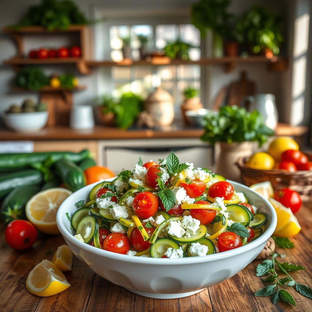 A vibrant and fresh "salade de courgettes à la feta" beautifully arranged on a rustic wooden kitchen table. In the foreground, a bowl of thinly sliced zucchini mixed with crumbled feta cheese, cherry tomatoes, and fresh herbs, all glistening with a light olive oil dressing. Surrounding the bowl, additional ingredients like lemon wedges, whole zucchini, and sprigs of mint create a homely cooking atmosphere. In the middle ground, a softly lit kitchen with wooden shelves displaying fresh vegetables and herbs, warmly inviting and cozy. The background includes a window with natural light streaming in, casting gentle shadows that enhance the freshness of the salad. The mood is light, summery, and inviting, ideal for a refreshing summer meal.
