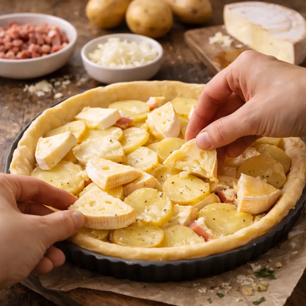 A cozy homemade cooking scene featuring "Tarte fine au reblochon et pommes de terre" displayed beautifully on a rustic wooden kitchen table. In the foreground, the tart is freshly baked, golden-brown with a crispy crust, adorned with slices of creamy reblochon cheese and tender, thinly sliced potatoes, garnished with fresh herbs. The middle ground shows a rustic kitchen atmosphere with warm light streaming in through a nearby window, illuminating the tart and casting soft shadows. The background features shelves lined with traditional kitchenware and fresh vegetables, enhancing the homey vibe. The scene evokes a warm, inviting atmosphere, perfect for showcasing the art of Savoyard cuisine, with a slightly blurred depth of field to focus on the tart. Tarte fine au reblochon et pommes de terre