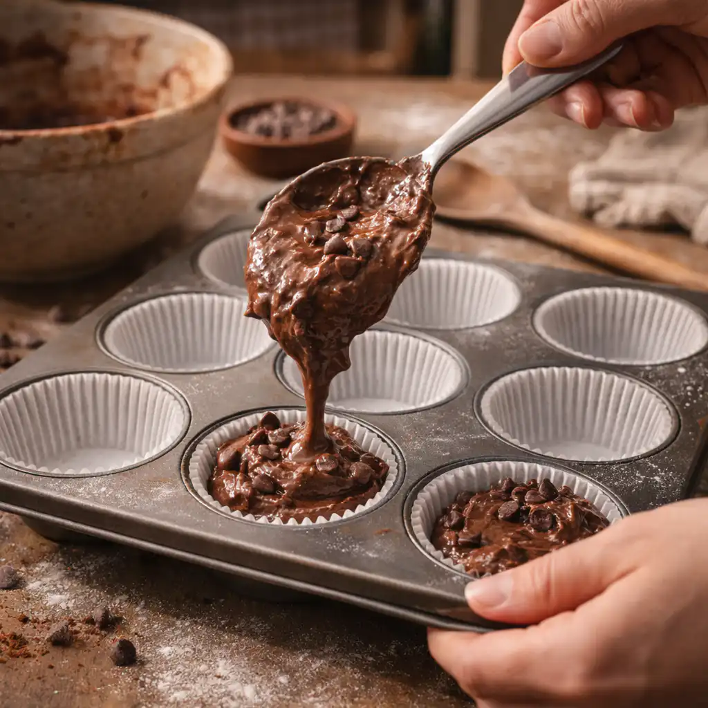 A soft, freshly baked chocolate muffin sits in the foreground, showcasing its rich, gooey chocolate center and lightly dusted with powdered sugar. The muffin is perfectly domed, with a rustic, slightly cracked top revealing the moist texture inside. In the middle ground, a cozy kitchen scene unfolds, featuring a warm wooden table adorned with baking utensils, a small bowl of chocolate chips, and a spatula resting alongside. The background softly blurs into a charming kitchen with wooden cabinets, a hint of herbs in pots, and warm, ambient lighting that creates a welcoming atmosphere. The image captures the essence of indulgence and comfort, inviting viewers to savor the delightful experience of homemade chocolate muffins. The lighting is soft and warm, enhancing the inviting mood. Muffins au chocolat