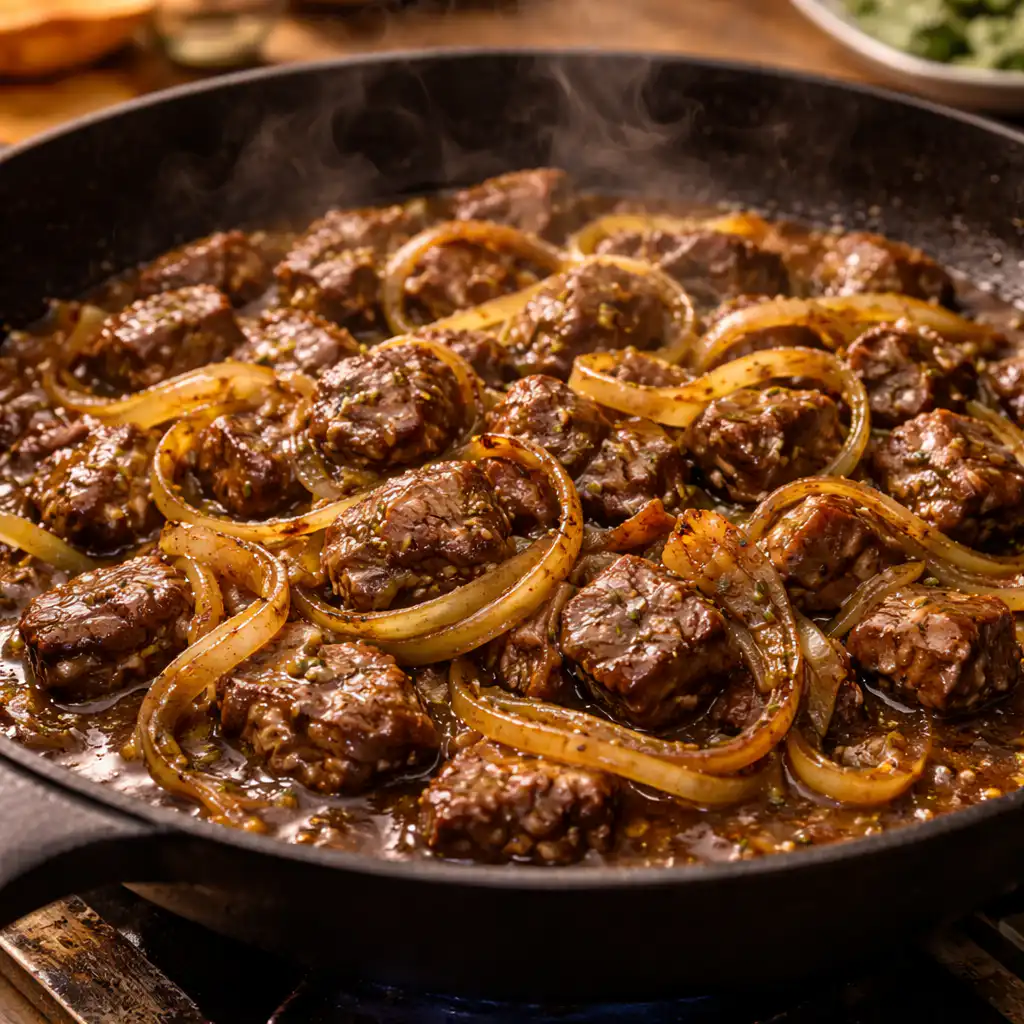 A cozy homemade cooking scene centered around a beautifully presented "Sauté de bœuf aux oignons caramélisés," placed on a rustic wooden kitchen table. In the foreground, the dish features tender, juicy beef pieces glistening with a rich brown sauce, adorned with golden caramelized onions. Surrounding the plate are fresh herbs and a decorative sprig of thyme. The middle ground showcases a softly lit kitchen atmosphere, with natural sunlight streaming through a window, illuminating the vibrant colors of the ingredients. In the background, charming kitchen utensils and fresh vegetables hint at preparation. The overall mood is warm and inviting, embodying a genuine French culinary experience. Use a warm color palette with soft focus, simulating a shallow depth of field to emphasize the dish. Sauté de bœuf aux oignons caramélisés