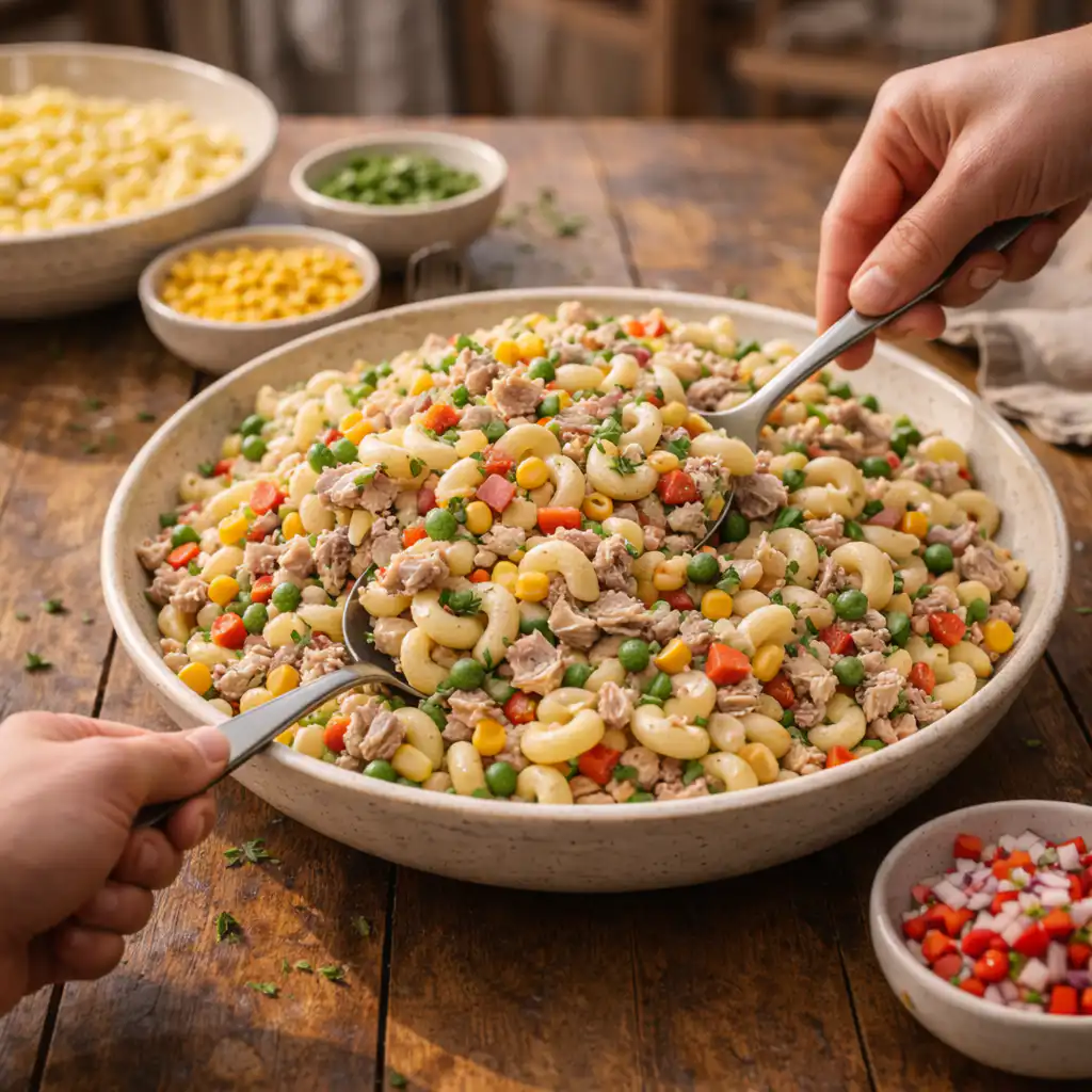 A freshly prepared plate of "Salade de Macaroni au Thon et au Maïs" sits beautifully on a rustic wooden kitchen table. The vibrant, colorful salad features perfectly cooked macaroni, tender pieces of canned tuna, and sweet corn, all tossed together with fresh, chopped parsley and a light dressing. Sunlight cascades through a nearby window, casting a warm, inviting glow on the dish, enhancing the vibrant colors of yellow corn, off-white macaroni, and green herbs. In the background, cozy kitchen elements like a vintage bowl and a wooden spoon add a homely touch. The atmosphere is relaxed and inviting, perfect for summer meals, evoking a sense of freshness and comfort. Salade de Macaroni au Thon et au Maïs