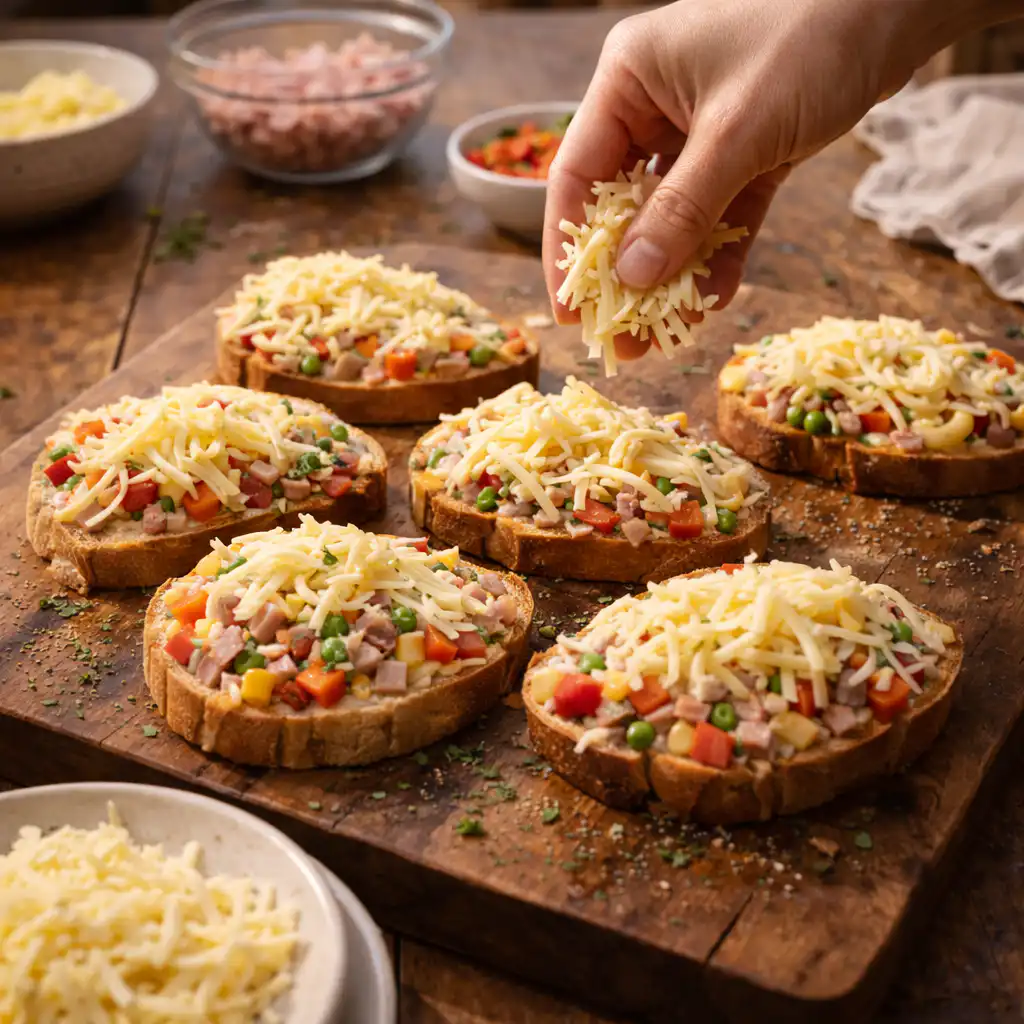 A cozy homemade kitchen scene featuring a rustic wooden table adorned with an array of delicious tartines. In the foreground, a variety of vibrant tartines are artfully arranged, topped with fresh ingredients like ripe tomatoes, creamy avocado, crisp cucumbers, and colorful bell peppers. In the middle, a small bowl of olive oil and herbs adds a touch of elegance, alongside a charming knife and cutting board. The background showcases a softly lit kitchen with warm wooden cabinets and herbs hanging from the ceiling, evoking a welcoming atmosphere. The lighting is warm and inviting, creating a sense of comfort and homeliness. The angle is slightly overhead, capturing the spread of tartines beautifully to inspire quick meal ideas. Tartines sans cuisine