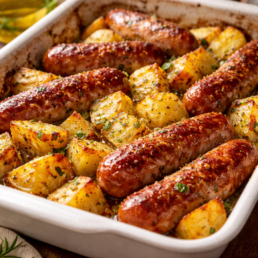 Saucisses au four avec pommes de terre et moutarde