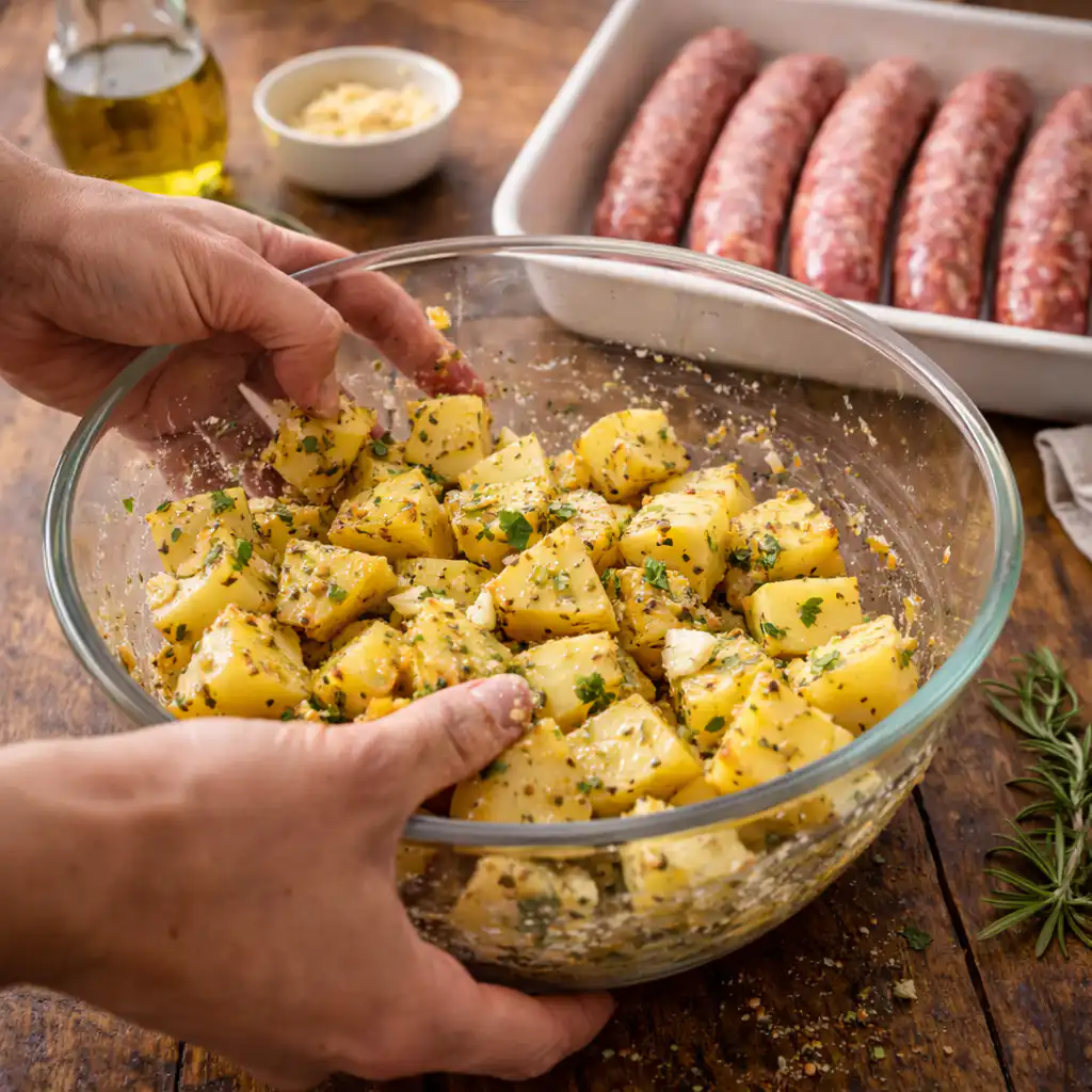 A cozy homemade cooking scene featuring "Saucisses au four avec pommes de terre et moutarde" served on a rustic wooden kitchen table. In the foreground, a beautifully arranged plate of golden-brown sausages, roasted potatoes with crispy edges, and a small bowl of rich, creamy mustard. The middle ground includes a softly lit kitchen with a wooden cutting board, a few freshly chopped herbs, and a rustic knife. The background shows warm, inviting kitchen decor with hanging herbs and jars of spices. Natural sunlight filters through a nearby window, casting a gentle glow, creating a homely and appetizing atmosphere. Use a slight overhead angle to capture the delicious details and textures of the dish. The mood should convey comfort and the joy of home-cooked meals. Saucisses au four avec pommes de terre et moutarde