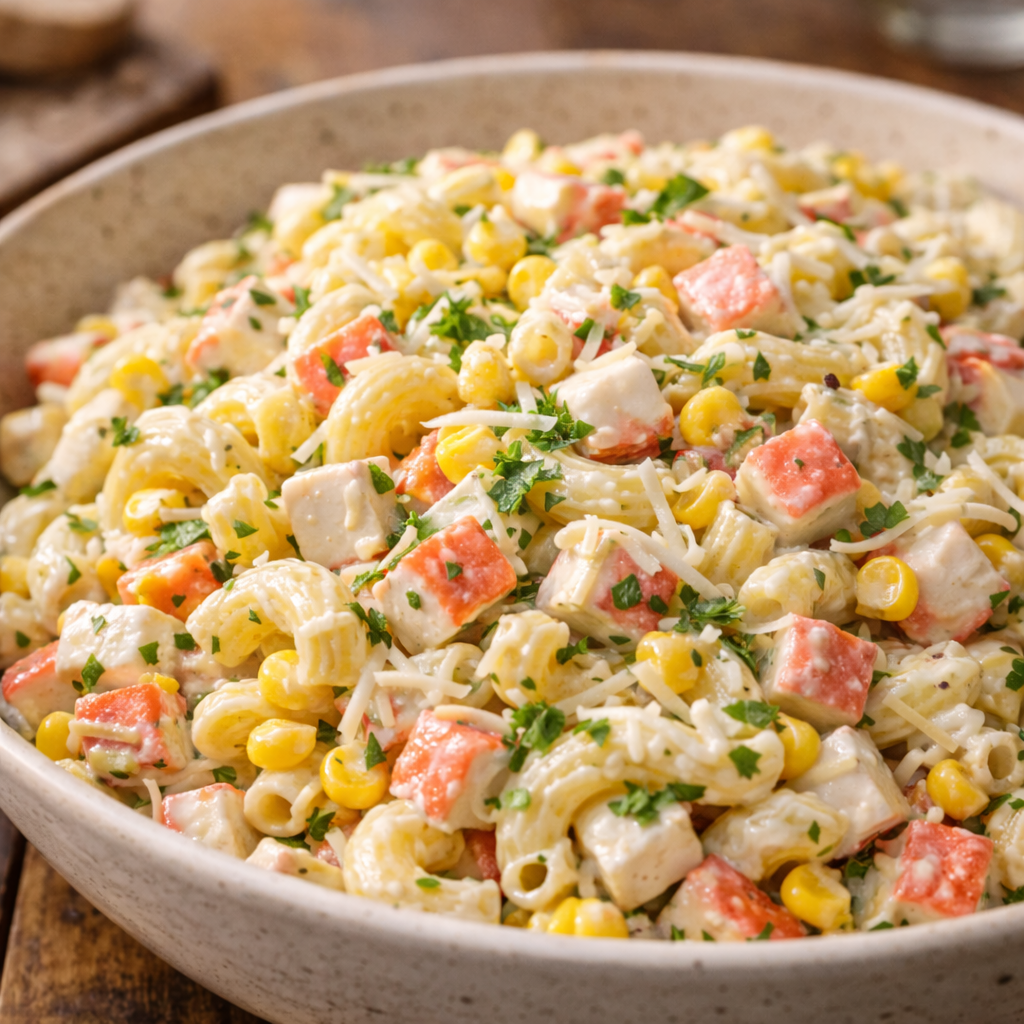 Salade de pâtes au surimi, maïs et fromage râpé