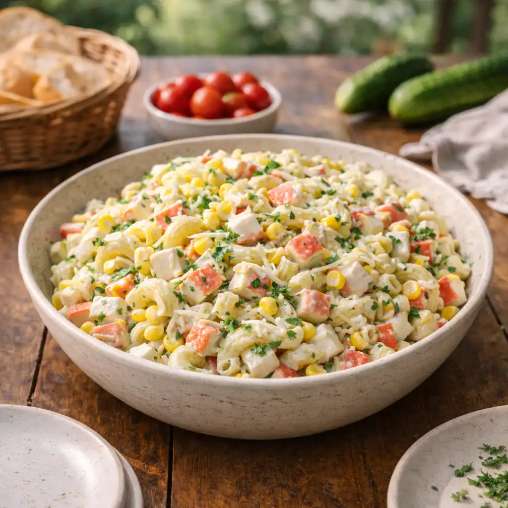 A cozy homemade cooking scene featuring a vibrant summer pasta salad made with surimi, sweet corn, and grated cheese, beautifully arranged on a rustic wooden kitchen table. In the foreground, the salad is in a clear glass bowl with colorful ingredients visible: yellow corn, pieces of surimi, and a sprinkle of cheese on top. Fresh herbs are scattered around for garnish. In the middle, there are utensils like a wooden spoon and a cutting board with additional fresh vegetables, hinting at the recipe process. In the background, soft natural light filters through a window, illuminating the warm, inviting kitchen space filled with plants and cooking tools. The atmosphere is friendly and homely, perfect for summer gatherings. Salade de pâtes au surimi, maïs et fromage râpé