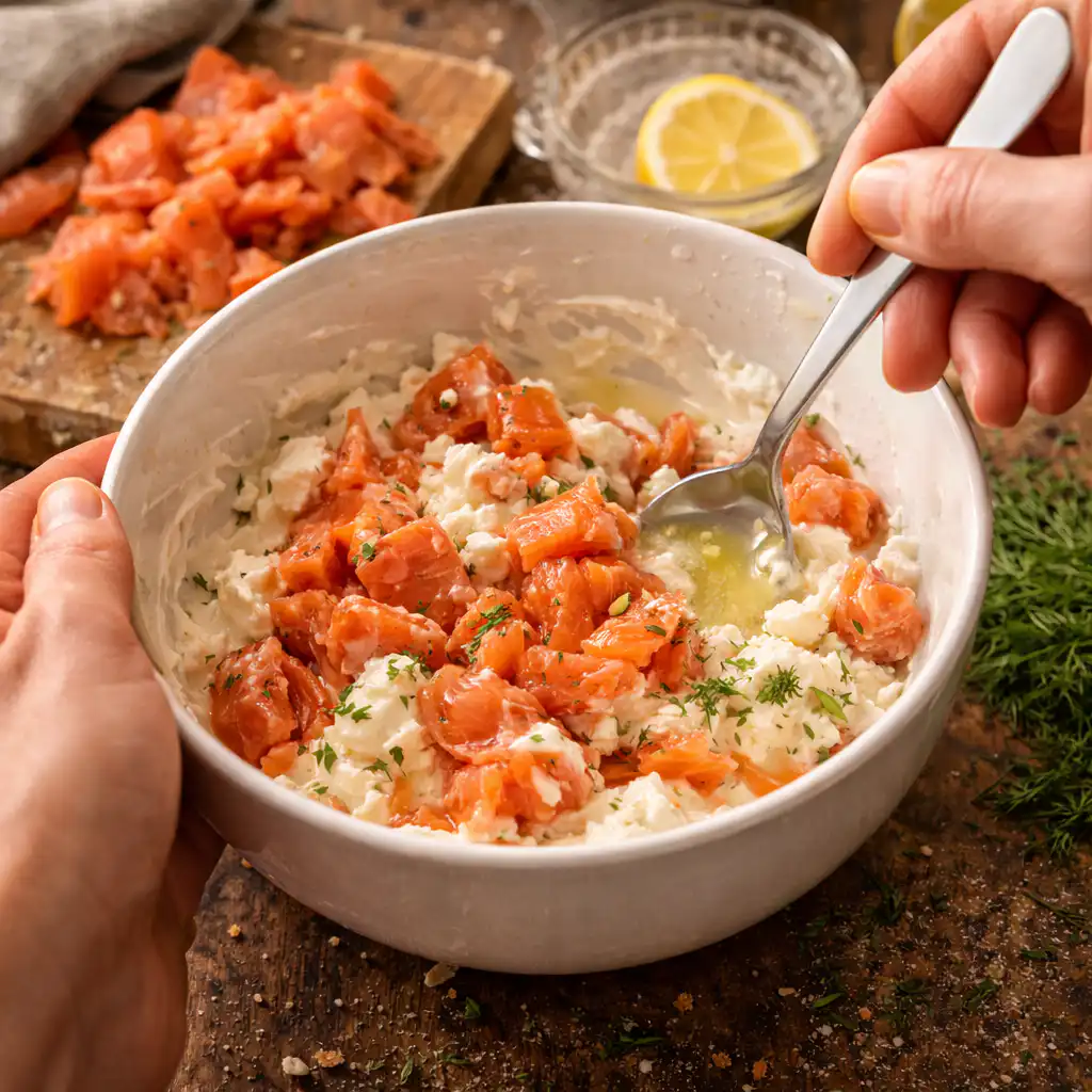 A cozy homemade cooking scene featuring a vibrant tartinade of salmon and lemon served on a rustic wooden kitchen table. The foreground showcases a beautifully arranged serving dish filled with the creamy spread, garnished with fresh dill and lemon slices. Surrounding the dish are colorful vegetable sticks, such as carrots and cucumber, ready for dipping. In the background, soft natural light streams through a window, casting a warm glow over the setting. The kitchen has a welcoming atmosphere, with herbs in small pots and charming kitchen utensils displayed. The scene evokes a mood of casual elegance, perfect for quick and easy aperitifs that celebrate fresh flavors. A close-up angle highlights the texture and colors of the dish. Tartinade saumon citron