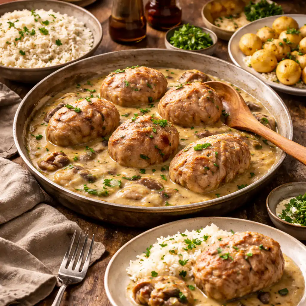 A cozy, inviting rustic kitchen scene featuring a beautifully plated dish of "Paupiettes de veau au vin blanc" on a well-worn wooden table. In the foreground, the veal rolls are elegantly garnished with fresh herbs, showcasing the dish's rich colors and textures. Surrounding the plate, vibrant vegetables and a glass of white wine complement the meal, hinting at a warm and savory atmosphere. In the middle ground, a softly flickering candle and an open cookbook add to the homely ambiance. The background consists of rustic kitchen elements: hanging pots, herbs in pots, and wooden shelves filled with spices. Soft, natural lighting streams through a nearby window, creating warmth and a sense of comfort in this culinary setting. The overall mood is inviting and encouraging, perfect for home cooking. Paupiettes de veau au vin blanc