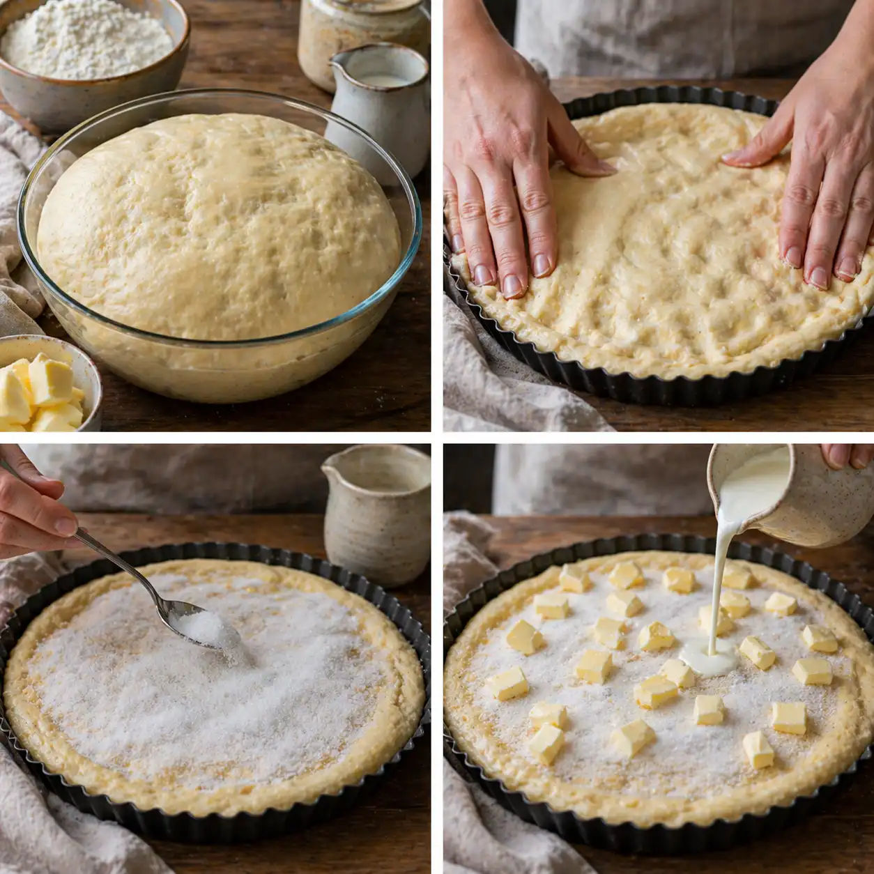 A beautifully baked, fluffy Tarte au sucre moelleuse sits enticingly on a rustic wooden kitchen table, its golden-brown crust glistening gently under warm, soft lighting. The texture is visibly moist and inviting, with a creamy filling that hints of sweetness. Surrounding the tart, there are delicate utensils, a rolling pin, and scattered flour, enhancing the homemade cooking atmosphere. In the background, a vintage stove and hanging herbs add to the cozy, welcoming kitchen vibe. The shot is taken from a slightly elevated angle to capture the tart's details and the essence of home cooking, evoking a sense of warmth and nostalgia, perfect for illustrating the art of creating a traditional dessert at home. Tarte au sucre moelleuse