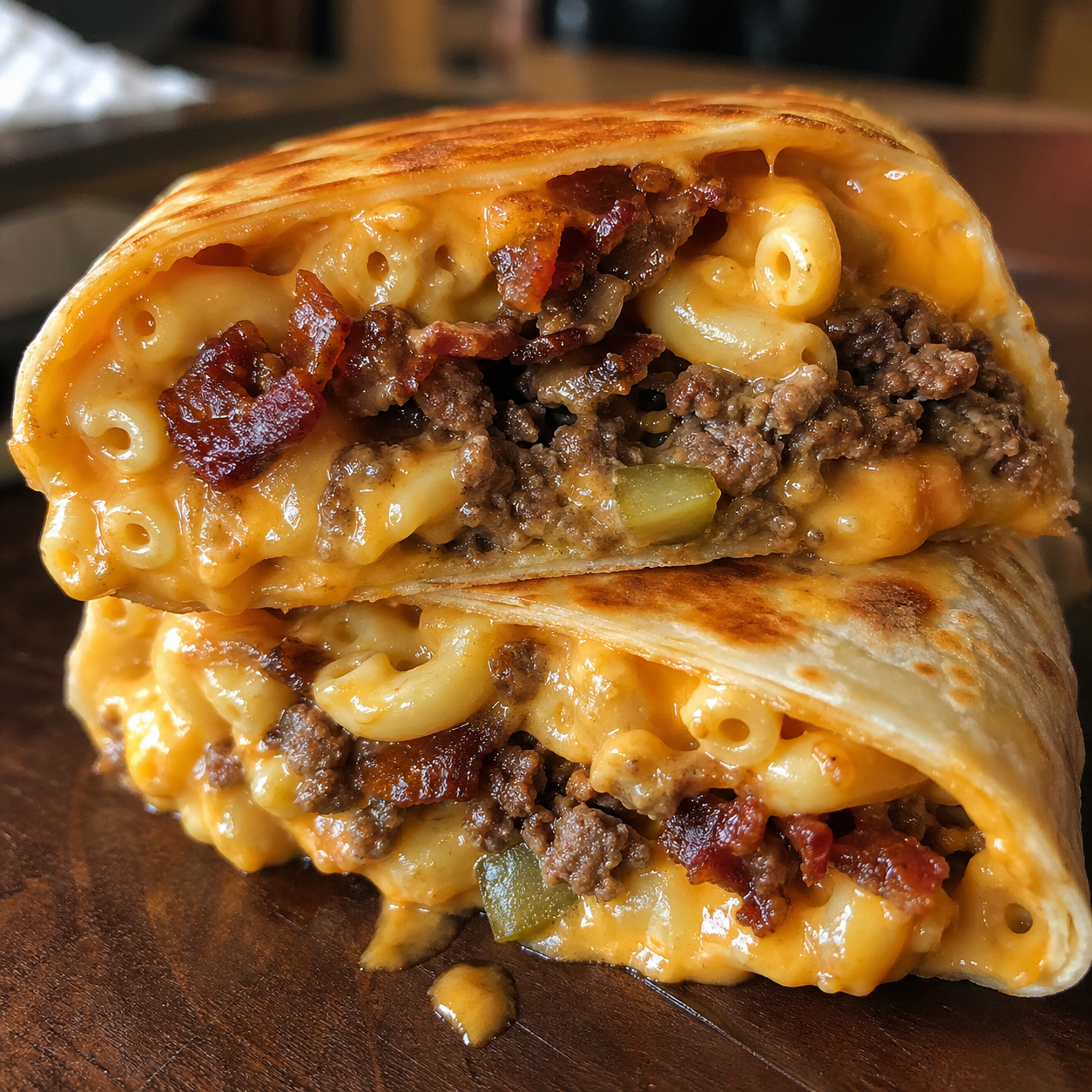 Wrap Burger au Bacon, Macaroni et Fromage