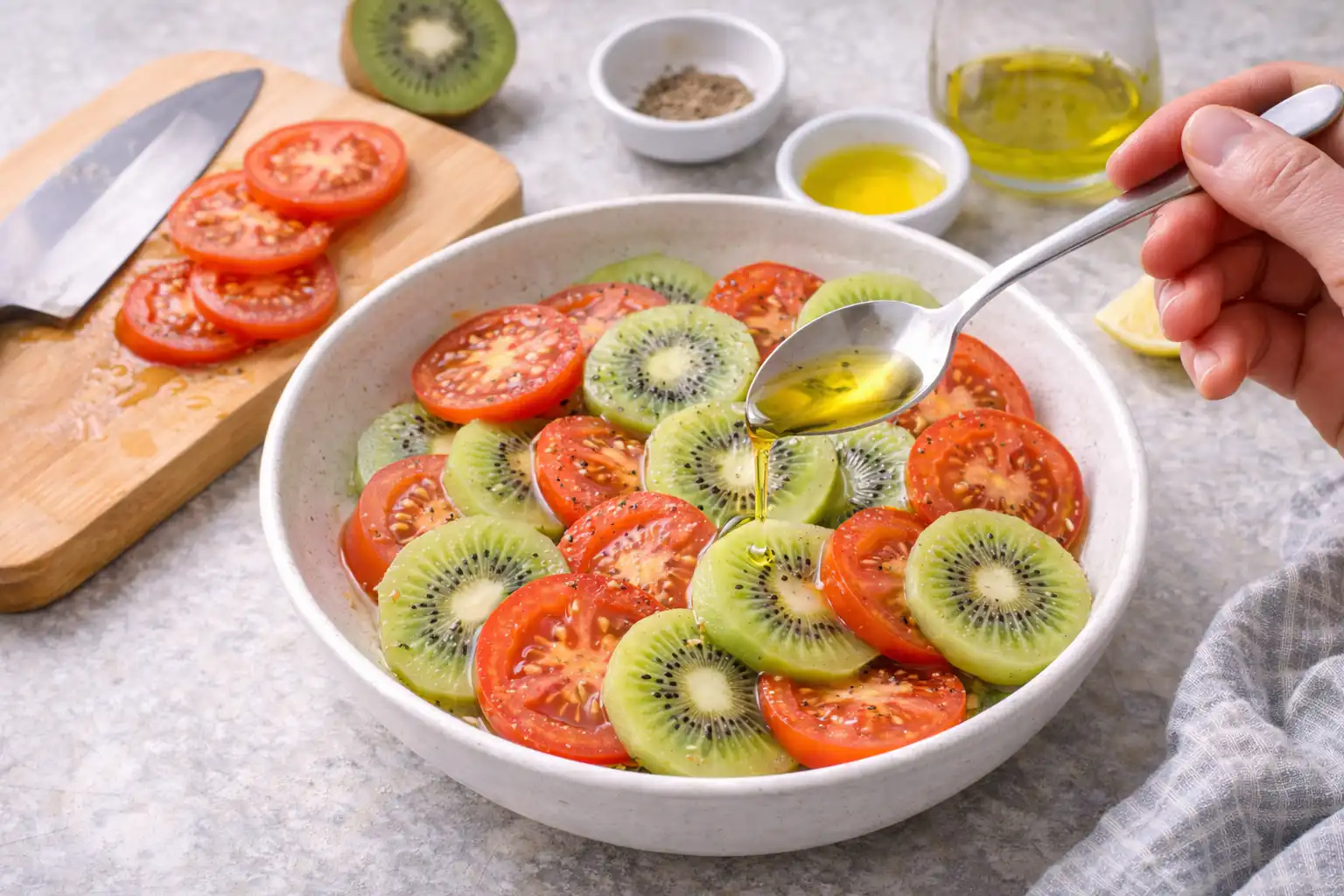 A vibrant, fresh summer salad featuring bright green kiwis and juicy red tomatoes, artfully arranged on a rustic wooden table. In the foreground, the salad is garnished with fresh basil leaves and drizzled with light olive oil, showcasing the textures and colors. The middle ground includes small bowls of balsamic vinegar and spices, enhancing the homemade cooking atmosphere. In the background, a cozy kitchen setting with soft, warm lighting filters through a nearby window, creating a welcoming ambiance. The scene evokes a sense of health and simplicity, perfect for a quick meal. Capture this composition with a shallow depth of field, focusing sharply on the salad while softly blurring the background for an inviting, intimate feel.