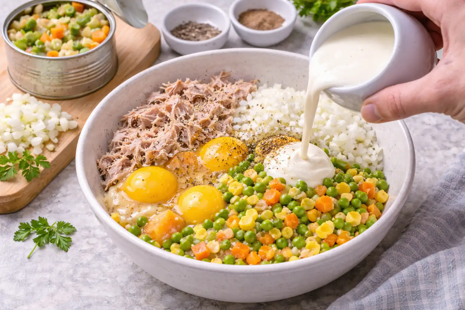 A cozy homemade cooking scene showcasing "pain de thon à la macédoine," artfully presented on a rustic wooden kitchen table. The dish features a beautifully sliced loaf, revealing a colorful medley of tuna and diced vegetables, garnished with fresh herbs. In the foreground, a rustic knife and a few vibrant vegetables like bell peppers and peas are scattered nearby, emphasizing freshness. The middle ground includes a charming bowl of mixed salad, invitingly arranged. Soft, warm natural light filters through a nearby window, casting gentle shadows that add depth to the scene. The background features blurred hints of kitchen utensils and a wooden shelf lined with jars of spices, creating an inviting, homey atmosphere. The overall mood should feel warm, comforting, and appetizing, perfect for a light and balanced meal. Pain de thon à la macédoine