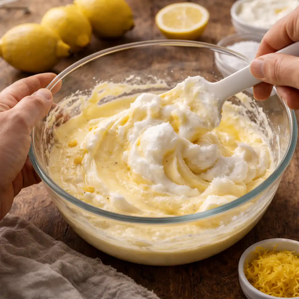 A cozy homemade cooking scene featuring a light and airy lemon mousse dessert, elegantly served in a delicate glass cup. The mousse is topped with a thin layer of fresh lemon zest and edible flowers for added color and charm. In the foreground, a rustic wooden kitchen table is adorned with a pastel-colored linen napkin and a small bowl of fresh lemons. In the middle, soft, diffused natural light from a nearby window creates a warm and inviting atmosphere, highlighting the texture and fluffiness of the mousse. In the background, there are vintage kitchen utensils and white ceramic dishware, adding to the homely feel. The overall mood is fresh, light, and inviting, perfect for a delightful culinary treat. Mousse au Citron
