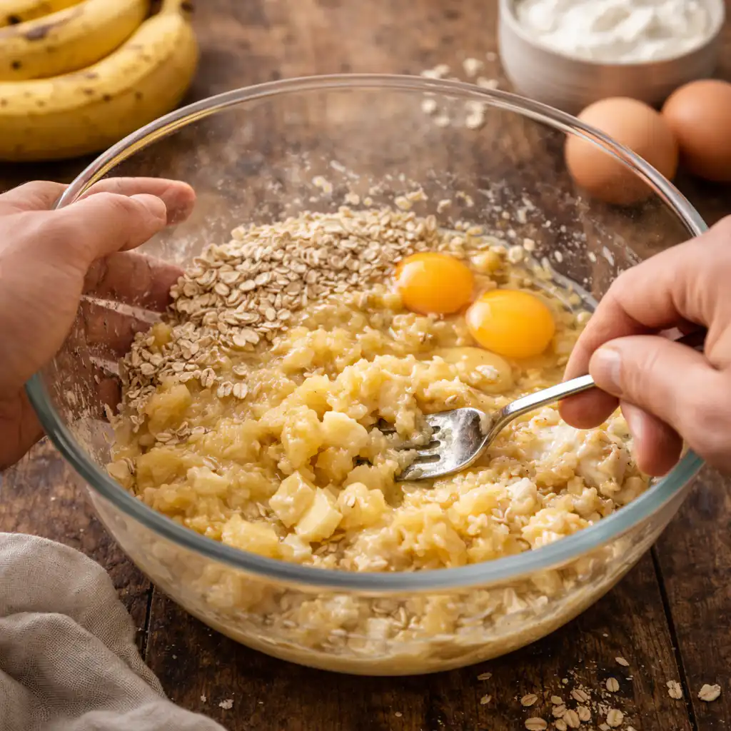 A cozy homemade cooking scene featuring a freshly baked banana and oat cake, beautifully presented on a rustic wooden kitchen table. The cake is adorned with slices of ripe banana and a sprinkle of oats, exuding a wholesome, healthy vibe. In the foreground, a decorative plate holds additional banana slices and a small bowl of rolled oats, emphasizing the nutritious ingredients. The middle ground showcases a rustic kitchen setting with warm, natural lighting filtering through a nearby window, casting a soft glow on the scene. A vintage kitchen towel and wooden utensils subtly enhance the ambiance. In the background, shelves lined with jars of organic ingredients and potted herbs create a welcoming atmosphere. The overall mood is comforting and inviting, inspiring a sense of health and well-being. Gâteau Régime à la Banane et aux Flocons d’Avoine