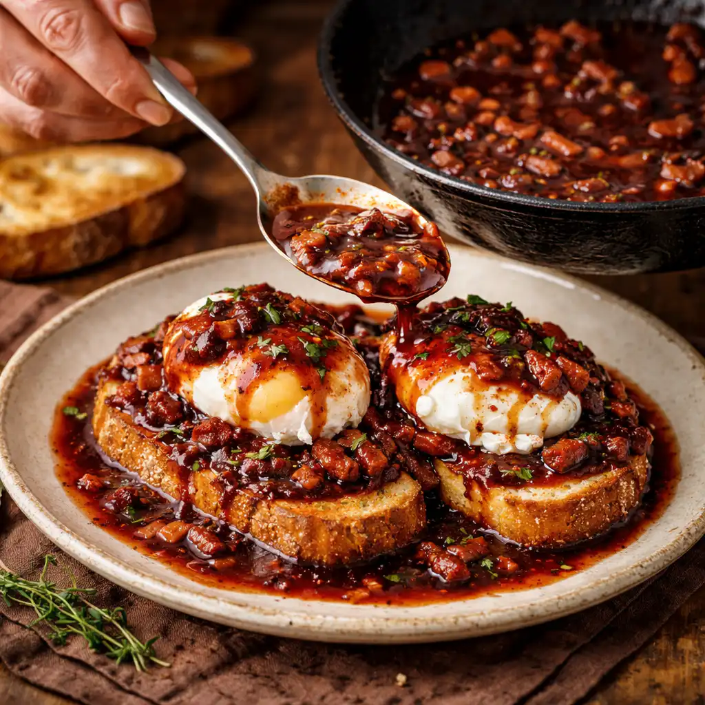 A cozy homemade cooking scene featuring "œufs en meurette," a classic Bourguignon dish. In the foreground, a beautifully plated dish of poached eggs nestled in rich red wine sauce, garnished with fresh herbs and delicate slices of bacon. Surrounding the plate are rustic elements: a wooden cutting board with chopped shallots, a bottle of red wine, and a small basket of crusty French bread. The middle background shows a warm, inviting kitchen with vintage cookware hanging above, and sunlight pouring through a window, casting gentle shadows. In the far background, shelves filled with jars of homemade preserves and herbs add to the ambiance. The overall mood is warm, inviting, and rich in culinary tradition, evoking the essence of Burgundy. Œufs en meurette
