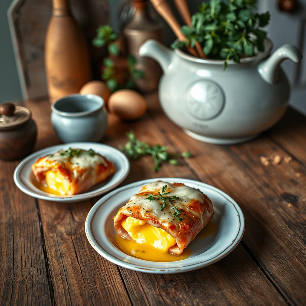 A cozy homemade cooking scene featuring Roulés de Jambon aux Œufs Crémeux Gratinés elegantly plated on a rustic wooden kitchen table. The rolled ham filled with creamy eggs is garnished with fresh herbs, cheese bubbling on top from the oven, and a golden brown finish. Soft, warm lighting illuminates the dish, highlighting the textures and colors of the food. In the background, vintage kitchen utensils and a herb plant add charm to the setting. A perspective from above captures the inviting arrangement, evoking a sense of comfort and home-cooked goodness. The atmosphere is warm and welcoming, perfect for a gourmet meal prepared with love.