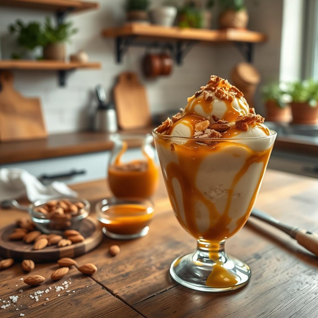 A cozy homemade cooking scene featuring a delicious Sundae Caramel Croquant on a rustic wooden kitchen table. The sundae is a beautiful layering of creamy vanilla ice cream topped with luscious, golden caramel sauce, crunchy almond croquant pieces, and a sprinkle of sea salt. The foreground showcases a glass sundae dish, glistening with the richness of the toppings. In the middle, there are fresh ingredients like almonds and a small dish of caramel sauce, adding warmth to the scene. The background reveals a softly lit kitchen with wooden shelves and potted herbs, enhancing the inviting atmosphere. The soft, warm lighting casts gentle shadows, creating a sense of homey comfort and culinary delight, evoking the joy of creating a perfect dessert.