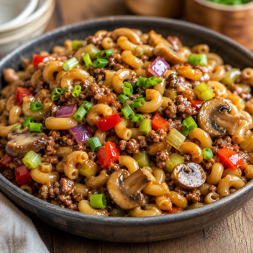 Macaroni chinois au bœuf haché avec sauce tériyaki