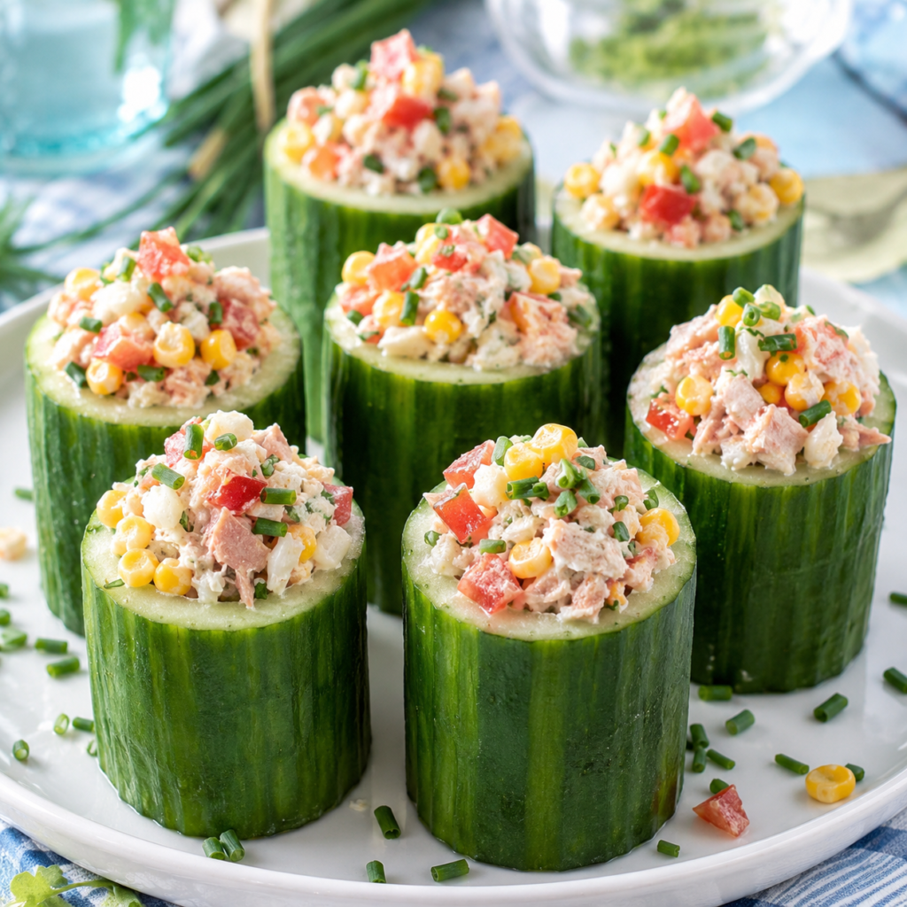 Concombres farcis au thon, surimi, crabe et maïs