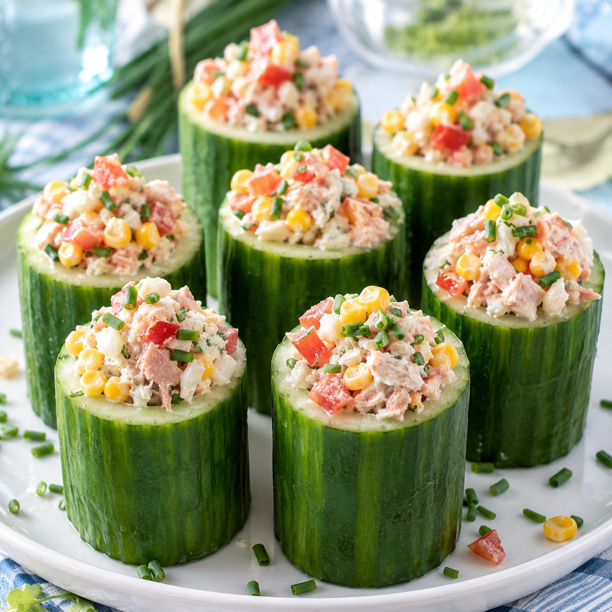Concombres farcis au thon, surimi, crabe et maïs