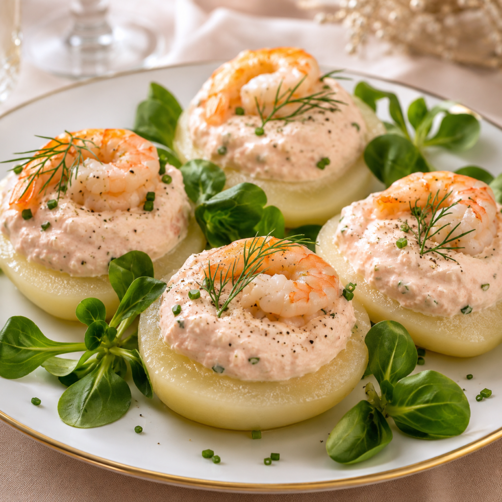 Mousse aux Crevettes sur Poires Pochées