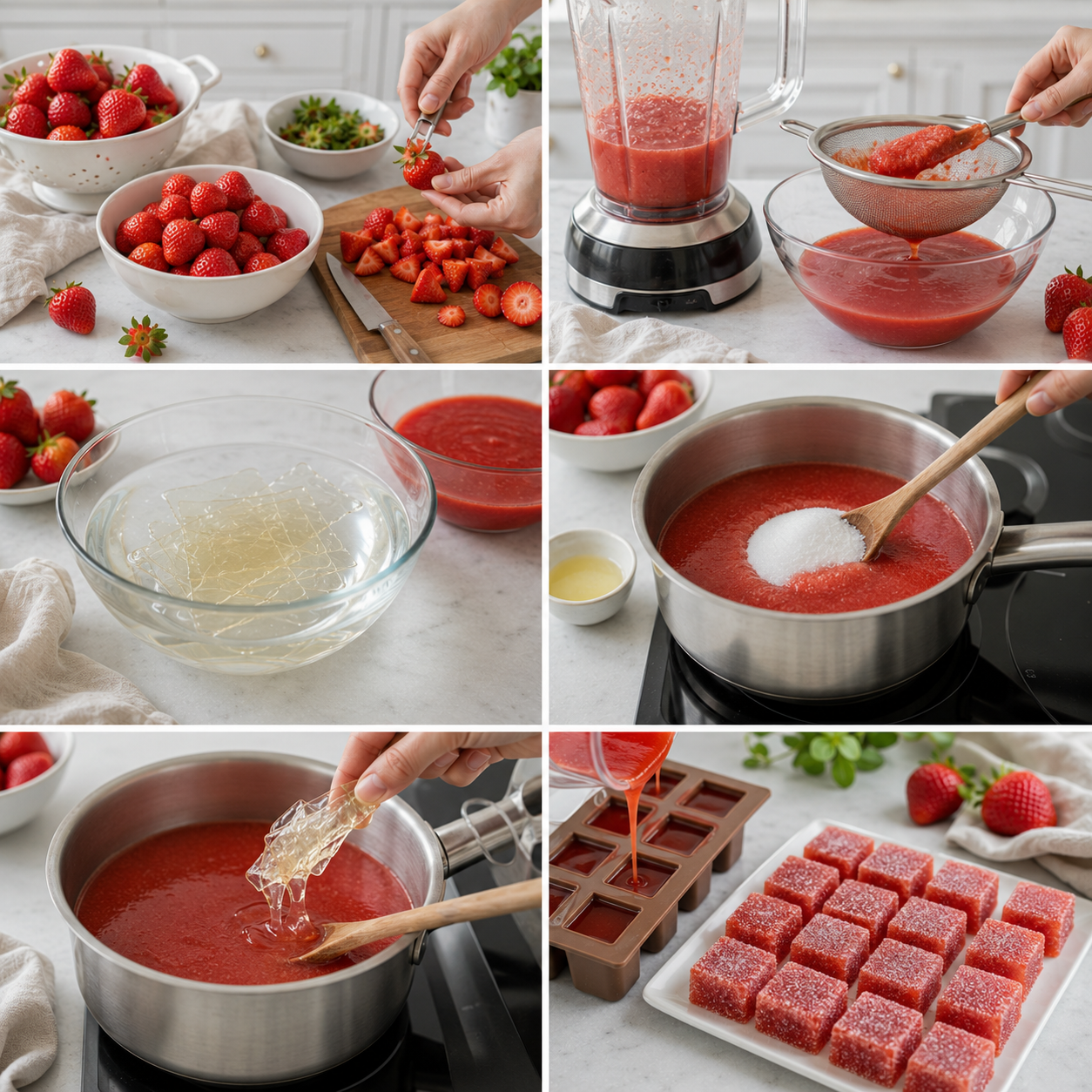 A warm and inviting kitchen scene showcasing the preparation of fruit jellies. In the foreground, a sleek silicone mold rests on a rustic wooden table, filled halfway with vibrant red strawberry jelly. Next to it, a precise digital kitchen scale displays measurements. Shimmering sunlight filters through a nearby window, casting a soft glow on the scene, enhancing the fresh ingredients like plump strawberries and measuring cups scattered around. In the middle ground, a pot and a wooden spoon hint at the cooking process, while in the background, shelves filled with jars and herbs add a homely touch. The atmosphere is cozy and inviting, evoking the joy of creating homemade treats. The image captures the essence of culinary creativity and sweetness. Gelées de fruits à la fraise