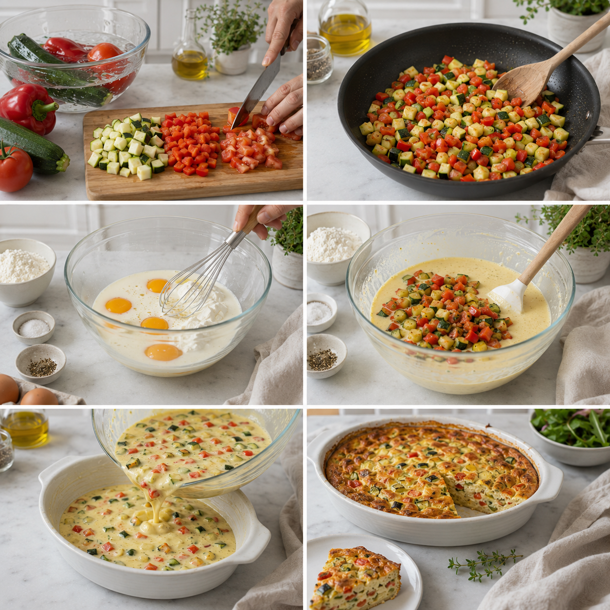 A cozy homemade cooking scene featuring "Clafoutis aux légumes," elegantly displayed on a rustic wooden kitchen table. The clafoutis is a vibrant, colorful dish, showcasing a medley of fresh vegetables like cherry tomatoes, zucchini, and bell peppers, all nestled in a golden, fluffy batter. In the foreground, set next to the dish, are fresh herbs and a wooden spoon, hinting at the cooking process. The middle ground includes a well-used cookbook open to the recipe page, with some cooking utensils scattered around. Soft, warm natural lighting pours in from a nearby window, casting gentle shadows and creating an inviting atmosphere. The background includes hints of kitchen elements like hanging garlic, potted herbs, and colorful kitchen towels, enhancing the rustic charm of the scene. Clafoutis aux légumes