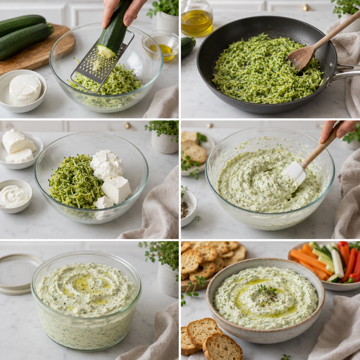 A cozy homemade cooking scene featuring "Tartinade de courgette au chèvre" elegantly served in a small rustic bowl. The bowl is filled with a creamy green mixture, flecked with herbs and small bits of goat cheese. Surrounding the bowl, there are fresh baguette slices, colorful vegetable sticks, and a small dish of olives on a weathered wooden kitchen table. In the background, soft, warm lighting pours through a window, illuminating the gentle texture of the table and creating a welcoming atmosphere. A few sprigs of fresh herbs, like basil or dill, are scattered around for added color and freshness. The scene conveys a sense of relaxation and joy, perfect for a casual gathering. Tartinade de courgette au chèvre