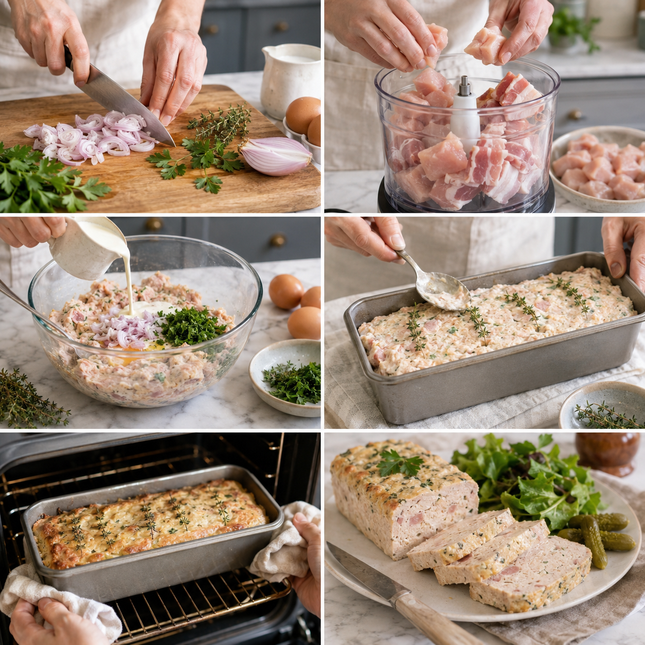 A cozy homemade cooking scene depicting a pristine kitchen table. In the foreground, a gleaming chef's knife (couteau de cuisine) is elegantly positioned on a wooden cutting board, reflecting a soft, natural light. Surrounding the knife are fresh ingredients: vibrant herbs, plump chicken pieces, and colorful vegetables, all arranged artfully to showcase preparation for a delicious terrine. In the middle background, rustic kitchenware like glass bowls and measuring cups add warmth, while a well-used cookbook lies open on the table, inviting the viewer into the culinary process. The lighting is warm and inviting, casting gentle shadows that enhance the homely atmosphere. The overall mood is one of creativity and anticipation, ideal for a cooking endeavor. Terrine de poulet