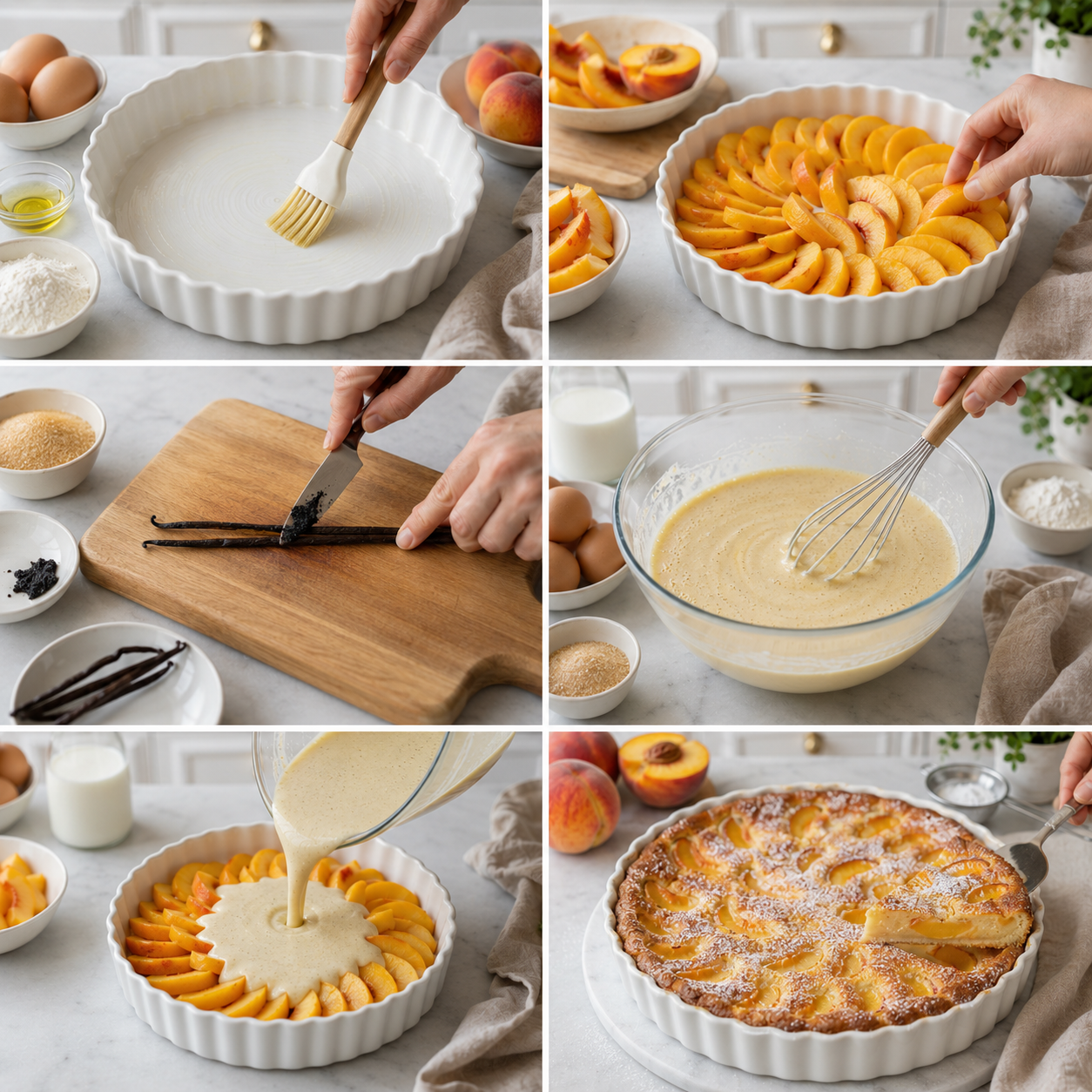 A rustic kitchen scene showcasing a beautiful tart mold filled with fresh, juicy peaches, arranged invitingly. In the foreground, the tart mold is placed on a worn wooden table, surrounded by sliced peaches scattered artfully, along with a small bowl of flour and a whisk. The middle ground features a blurred view of vibrant green herbs and a pastel-colored kitchen towel, enhancing the kitchen atmosphere. In the background, soft, diffused natural light filters through a nearby window, creating a warm, inviting glow that highlights the textures of the rustic setting. The overall mood is cozy and welcoming, perfect for a summer cooking vibe, evoking a sense of homemade hospitality. Clafoutis aux pêches