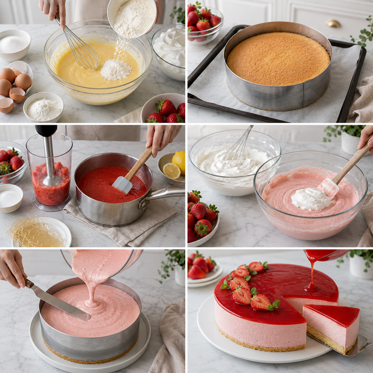 A cozy homemade cooking scene set on a rustic kitchen table, featuring a round pastry ring surrounded by fresh ingredients for a strawberry Bavarian cream. In the foreground, display the shiny metal pastry ring, flanked by plump, vibrant strawberries, a bowl of rich cream, and scattered sugar. The middle ground should include a wooden spoon and a measuring cup, hinting at the preparation process. In the background, softly blurred shelves filled with baking essentials and jars of spices create a warm, inviting atmosphere. The lighting is soft and natural, streaming in from a nearby window, casting gentle shadows that enhance the cozy vibe. Capture this moment from a slightly overhead angle to showcase the arrangement beautifully. Bavarois aux fraises sur génoise