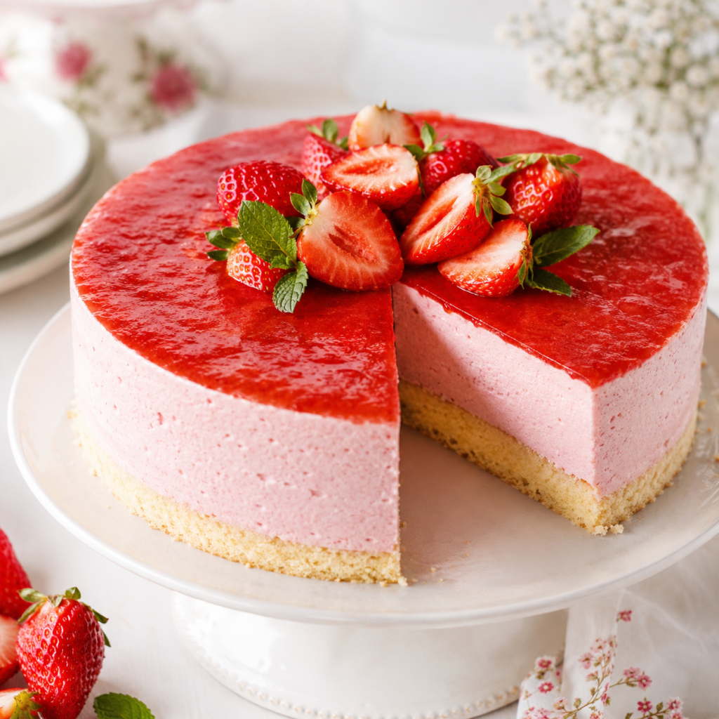 Bavarois aux fraises sur génoise