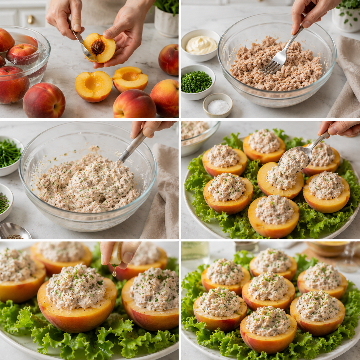 A cozy homemade cooking scene featuring Pêches Farcies au Thon Crémeux displayed beautifully on a rustic wooden kitchen table. In the foreground, the stuffed peaches are elegantly arranged, showcasing their vibrant orange color and creamy filling. A small bowl of fresh herbs and a drizzle of olive oil add a touch of green. In the middle, a softly worn cookbook with a stunning recipe page lies open, surrounded by a few scattered utensils, like a wooden spoon and a knife. The background features warm, natural wooden shelves filled with jars of spices and fresh ingredients. Soft, natural light streams in from a nearby window, casting a warm glow, creating an inviting and cheerful atmosphere perfect for summer meals. The angle captures the inviting essence of a home-cooked dish, emphasizing comfort and flavor. Pêches Farcies au Thon Crémeux