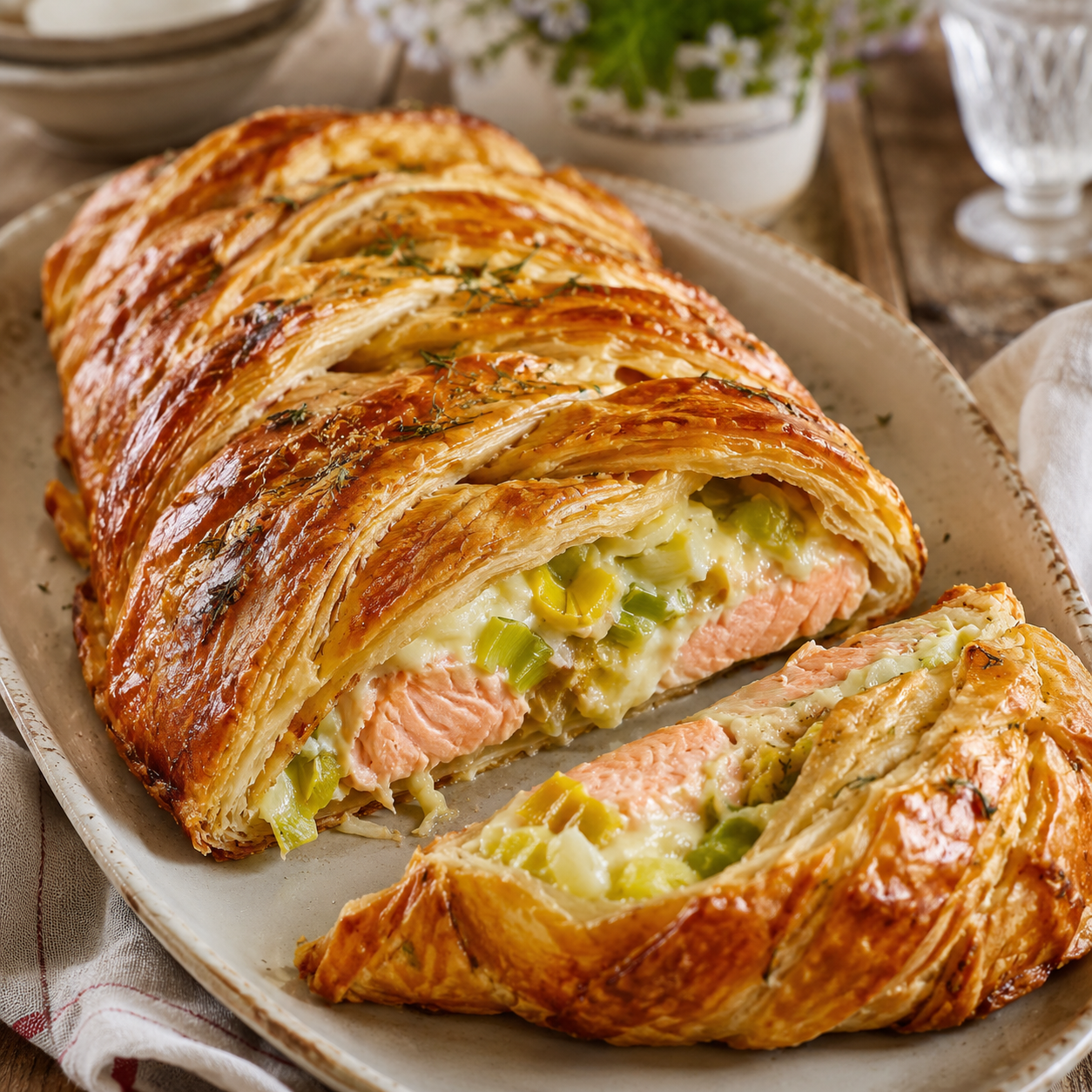 Tresse Feuilletée au Saumon & Fondue de Poireaux