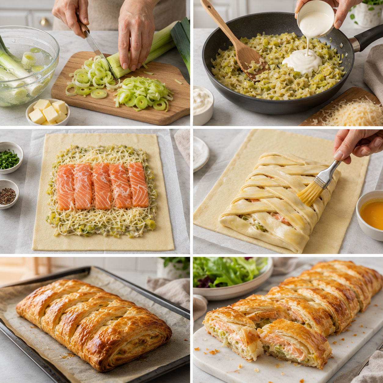 A cozy homemade cooking scene showcasing the preparation of ingredients for a salmon puff pastry braid. In the foreground, a rustic wooden table is adorned with neatly arranged ingredients: fresh salmon fillets, crisp leeks, a small bowl of cream cheese, and sprigs of dill. To the side, a rolling pin and pastry dough await the expert hands of a cook. The middle ground features a softly lit kitchen with warm, ambient light filtering through a window, creating a welcoming atmosphere. The background reveals shelves stocked with various spices and herbs, enhancing the culinary theme. The image captures a serene, inviting mood, perfect for illustrating a passionate cooking experience. Tresse Feuilletée au Saumon & Fondue de Poireaux