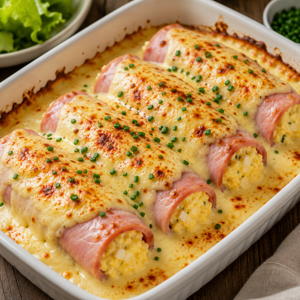 Roulés de Jambon aux Œufs Crémeux Gratinés