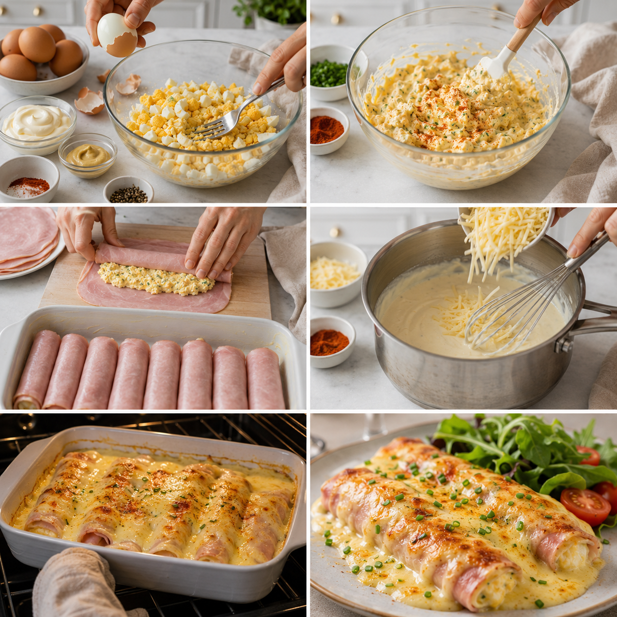 A cozy homemade cooking scene featuring Roulés de Jambon aux Œufs Crémeux Gratinés elegantly plated on a rustic wooden kitchen table. The rolled ham filled with creamy eggs is garnished with fresh herbs, cheese bubbling on top from the oven, and a golden brown finish. Soft, warm lighting illuminates the dish, highlighting the textures and colors of the food. In the background, vintage kitchen utensils and a herb plant add charm to the setting. A perspective from above captures the inviting arrangement, evoking a sense of comfort and home-cooked goodness. The atmosphere is warm and welcoming, perfect for a gourmet meal prepared with love. Roulés de Jambon aux Œufs Crémeux Gratinés