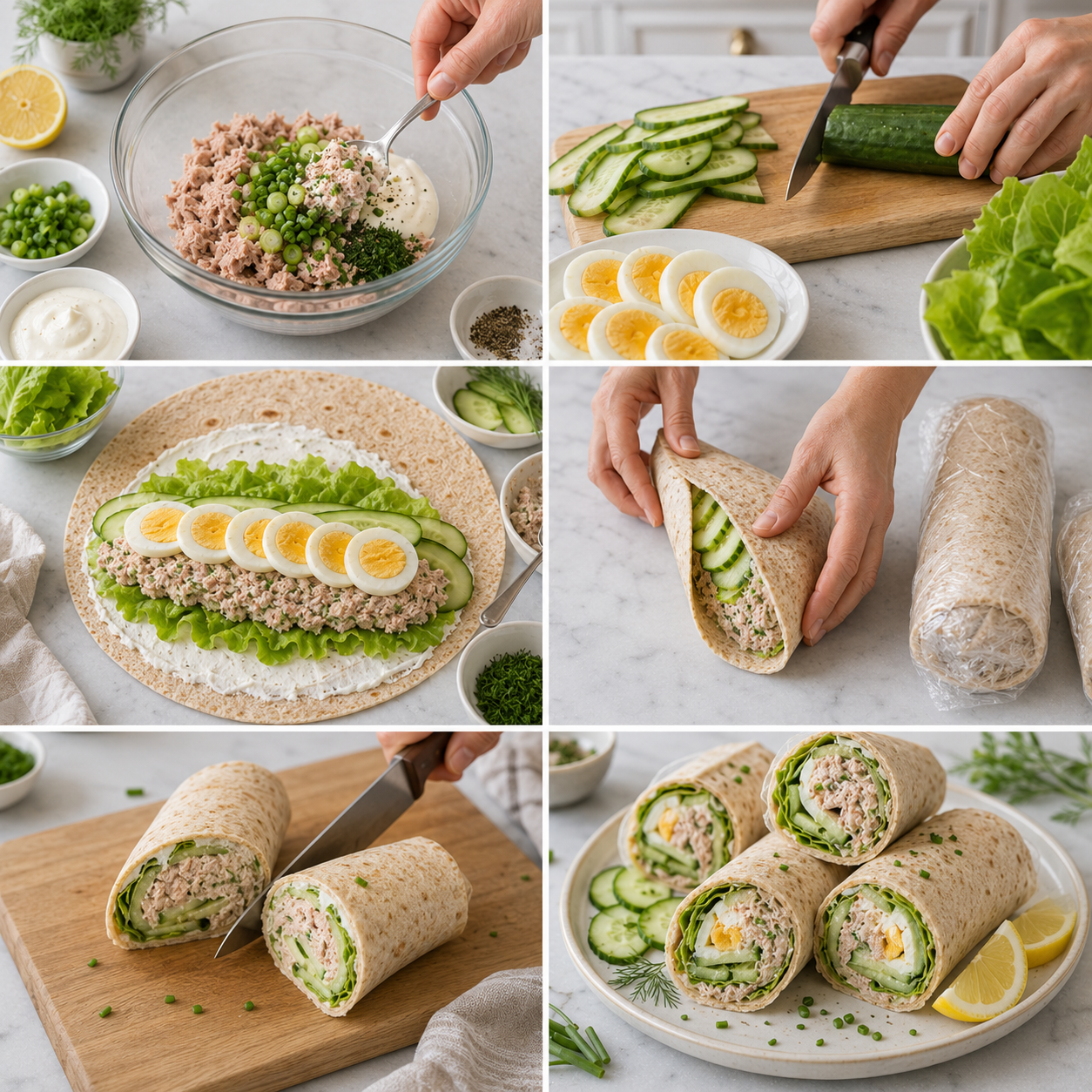 A cozy homemade cooking scene featuring a "Wrap au Thon Concombre et Œuf Dur" elegantly displayed on a rustic kitchen table. In the foreground, the wrap is neatly arranged, showcasing layers of tuna, cucumber slices, and hard-boiled eggs, with fresh herbs adding a burst of color. The middle ground captures a wood cutting board with scattered ingredients, including a knife, fresh cucumbers, and sliced egg halves. In the background, soft, natural light filters through a nearby window, highlighting a serene kitchen atmosphere with wooden cabinets and a hint of greenery from potted herbs. The overall mood is warm and inviting, perfect for a quick and easy recipe. The angle should capture the wrap from a slightly elevated perspective to emphasize its texture and freshness. Wrap au Thon Concombre et Œuf Dur