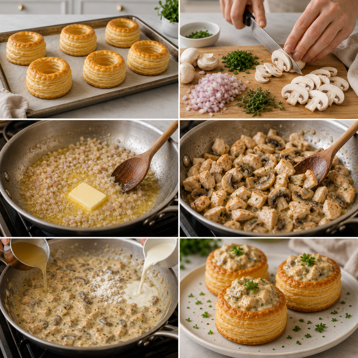 A cozy homemade cooking scene featuring "Bouchées à la reine" served on a rustic kitchen table. In the foreground, a beautifully plated dish of puff pastry filled with creamy chicken and mushrooms, garnished with fresh herbs. A wooden spoon and a bowl of velouté sauce nearby suggest preparation in action. In the middle, a soft, warm glow from hanging pendant lights casts inviting shadows, enhancing the textures of the rustic wood table. The background showcases shelves lined with jars of spices and herbs, giving a homey kitchen atmosphere. The mood is warm and inviting, reminiscent of family gatherings and cherished recipes. The composition is shot from a slightly elevated angle, capturing the elegance of the dish and the charm of the kitchen setting. Bouchées à la reine