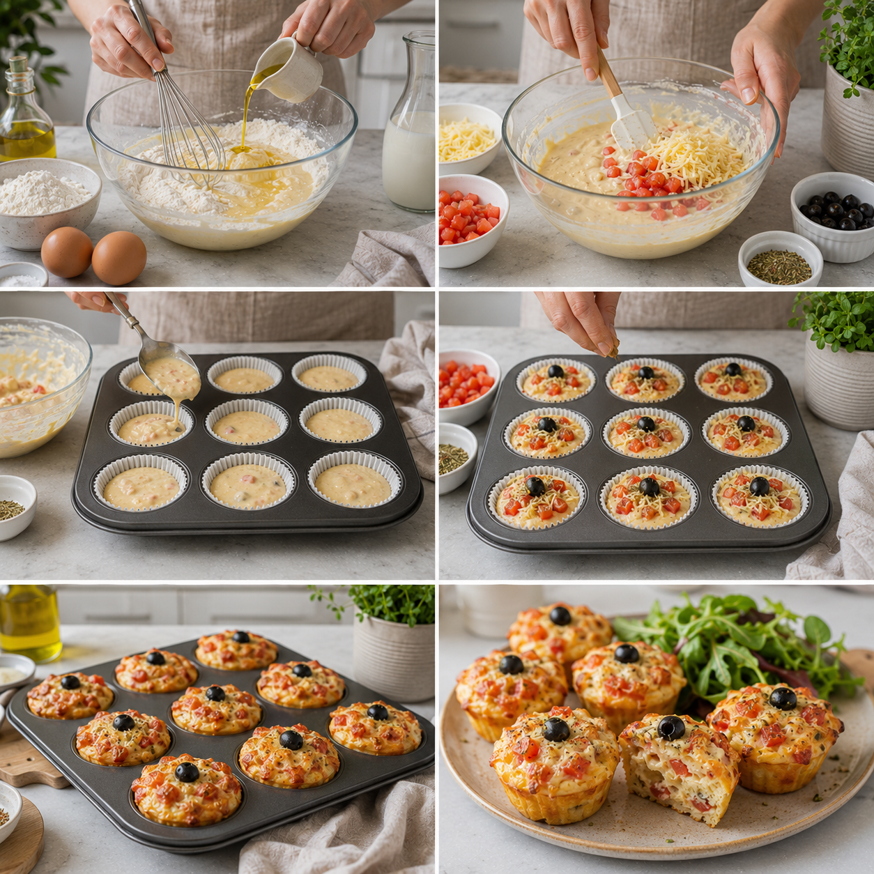 A cozy homemade cooking scene featuring savory pizza-style muffins placed on a rustic wooden kitchen table. The muffins are golden brown, topped with melted cheese, pepperoni slices, and vibrant bell peppers, exuding a warm and inviting aroma. In the foreground, there are fresh herbs sprinkled around, along with a small bowl of marinara sauce for dipping. The middle ground showcases a vintage cutting board with scattered ingredients like flour, chopped vegetables, and cheese, while a softly lit window in the background provides natural light, illuminating the scene with a warm glow. The atmosphere is homey and casual, perfect for a simple yet indulgent culinary experience. Muffins salés façon pizza