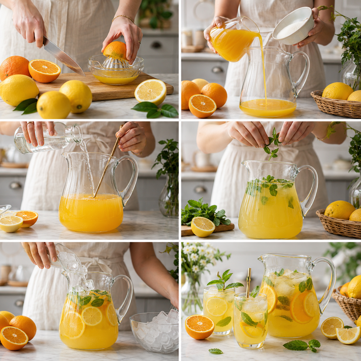 A cozy rustic kitchen scene showcasing a vibrant glass pitcher of orange lemonade, filled with freshly squeezed orange and lemon slices. The pitcher sits on a well-worn wooden table with a worn tablecloth that adds charm. Surrounding the pitcher are glossy oranges and lemons, some halved for visual appeal. Sunlight streams through a nearby window, casting warm, soft light that highlights the refreshing drink and creates gentle shadows. In the background, potted herbs like mint and basil are arranged on a windowsill, enhancing the natural feel. The atmosphere is inviting and fresh, perfect for a pause during a hot day, capturing the essence of homemade refreshment. The focus is on the colorful, refreshing drink, drawing the viewer into this delightful scene. Citronnade orange citron