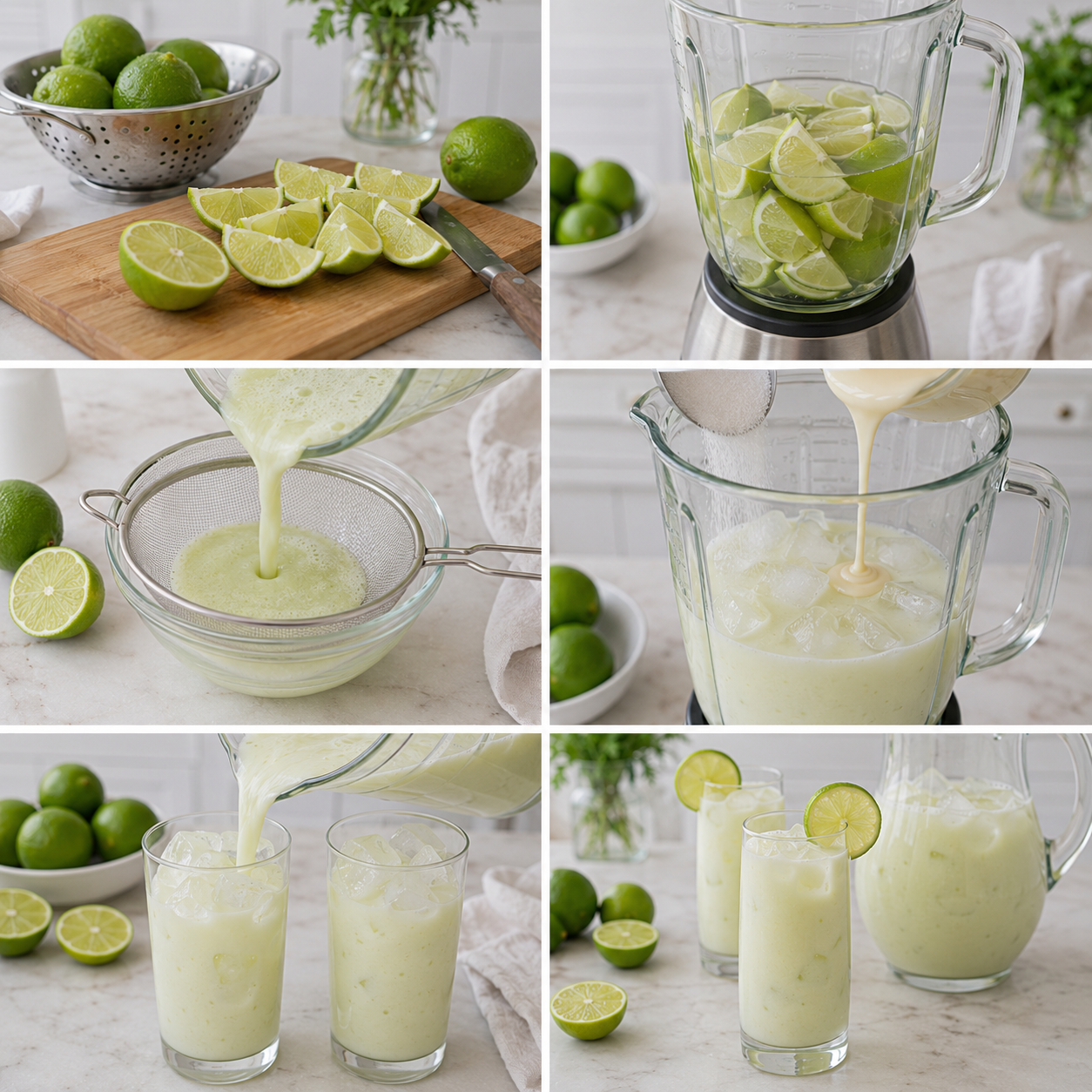 A cozy homemade cooking scene featuring a vibrant glass of Brazilian lemonade (limonade brésilienne) on a rustic wooden kitchen table. The lemonade is glistening in the sunlight, filled with freshly squeezed lemons and adorned with sprigs of mint. In the foreground, a sliced lemon and a traditional wooden juicer create a warm, inviting atmosphere. In the middle ground, a simple bowl of sugar sits beside the glass, while a colorful hand-painted ceramic pitcher holds the remaining lemonade. In the background, soft, natural light filters through a window, illuminating the kitchen's rustic decor, including potted herbs and natural wood elements. The mood is cheerful and homey, evoking the comfort of preparing a refreshing drink in a sunlit kitchen. Limonade brésilienne