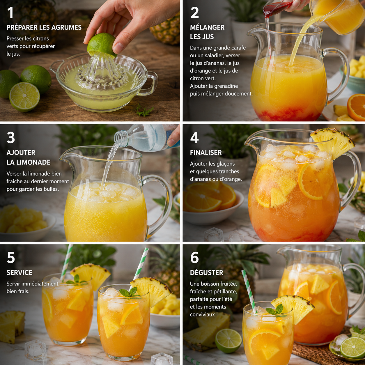 A cozy homemade cooking scene featuring "Punch Limonade Tropicale à l’Ananas" served in a clear glass pitcher on a rustic wooden kitchen table. In the foreground, fresh pineapple slices and colorful tropical fruits like mango and citrus are arranged artfully, alongside a wooden spoon and a vibrant straw. In the middle, the pitcher is filled with a bright yellow punch, garnished with mint leaves and ice cubes, catching the soft afternoon sunlight. In the background, a vintage kitchen setting with warm wooden cabinets, potted tropical plants, and natural light streaming through a window creates an inviting atmosphere. The mood is cheerful and refreshing, perfect for a summer gathering. Soft focus on the edges adds a dreamy quality to the scene. Punch Limonade Tropicale à l’Ananas
