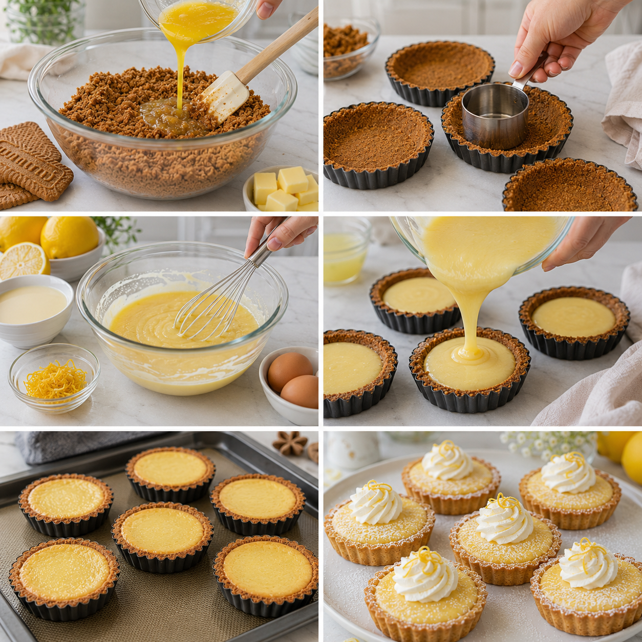A cozy homemade cooking scene featuring vintage "moules à tartelettes" on a rustic kitchen table. In the foreground, beautifully detailed tartlet molds made of polished metal, reflecting soft, warm light. The middle ground showcases a wooden table adorned with ingredients like lemons and speculoos cookies, along with a small bowl of creamy lemon filling. In the background, hints of a well-organized kitchen with wooden shelves and herbs in terracotta pots, subtly blurred to create depth. Natural light filters through a window, casting gentle shadows and enhancing the inviting atmosphere, evoking a sense of warmth and nostalgia. The overall mood is warm, inviting, and perfect for a culinary adventure. Tartelettes au Citron sur Croûte de Spéculoos