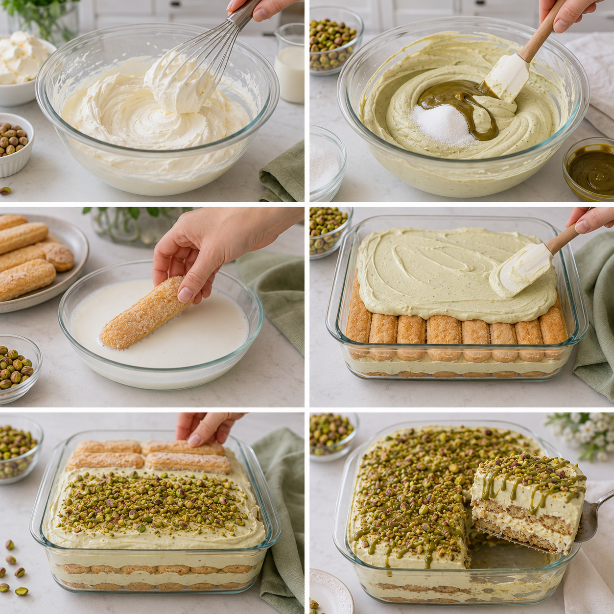 A cozy homemade cooking scene showcasing a beautifully plated "Tiramisù à la Pistache" on a rustic wooden kitchen table. The dessert, layered with creamy pistachio mousse and traditional coffee-soaked ladyfingers, is garnished with crushed pistachios and a sprinkle of cocoa powder on top. In the foreground, a vintage dessert fork rests beside the dish on a colorful linen napkin. In the middle background, a softly glowing kitchen with warm wooden cabinets and fresh ingredients like pistachios, espresso, and whipped cream, creates an inviting atmosphere. The soft, natural light streams through a nearby window, enhancing the delectable details of the dessert. The overall mood is warm, inviting, and perfect for a culinary gathering. Tiramisù à la Pistache